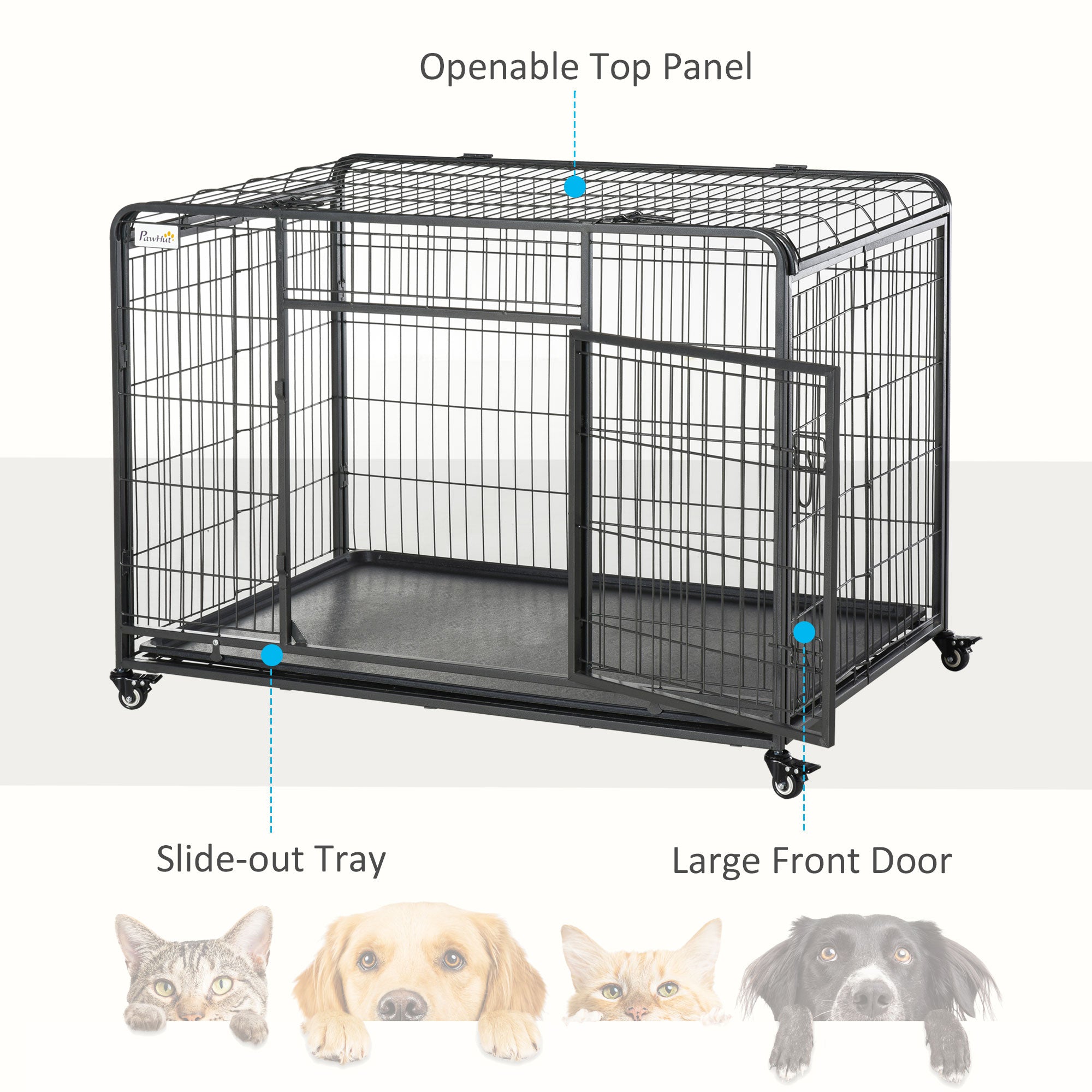 Folding Dog Crate Heavy Duty Cage for Extra Large Sized Dogs with Double Doors, Lockable Wheels Tray, 49