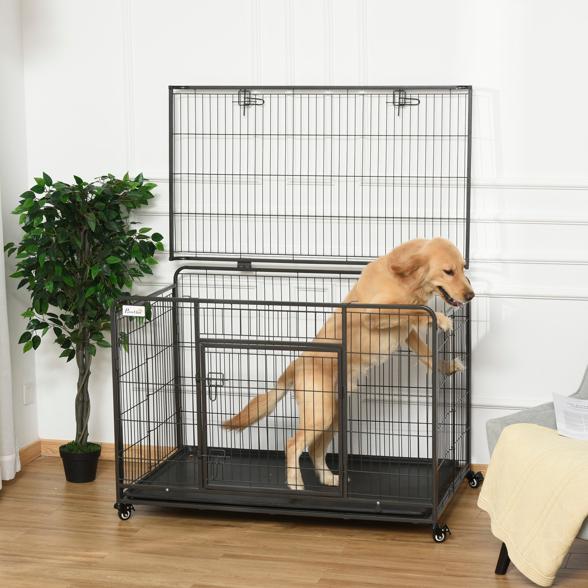 Folding Dog Crate Heavy Duty Cage for Extra Large Sized Dogs with Double Doors, Lockable Wheels Tray, 49