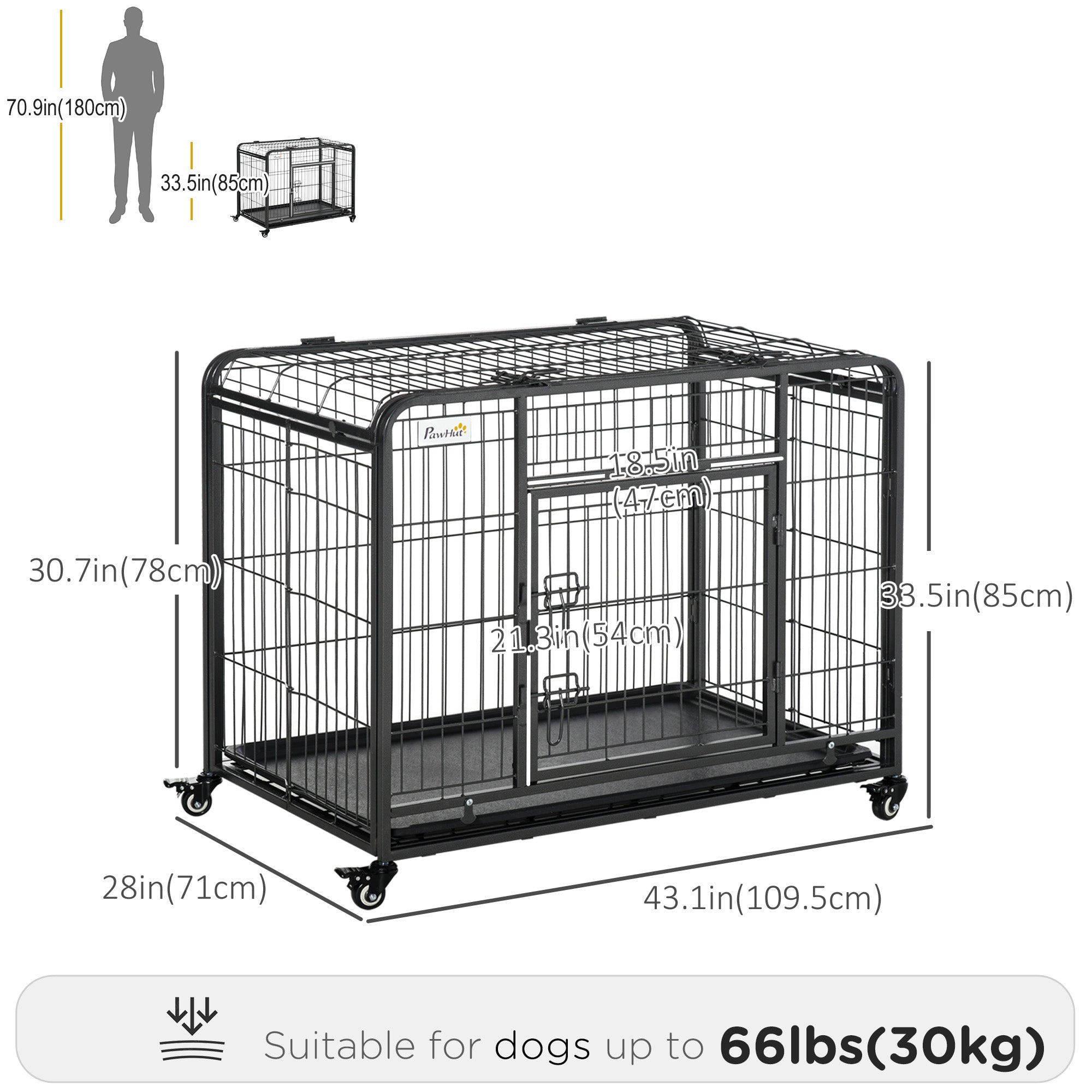 Folding Heavy Duty Dog Crate Heavy Duty Cage for Large Sized Dogs with Double Doors, Lockable Wheels Tray, 43