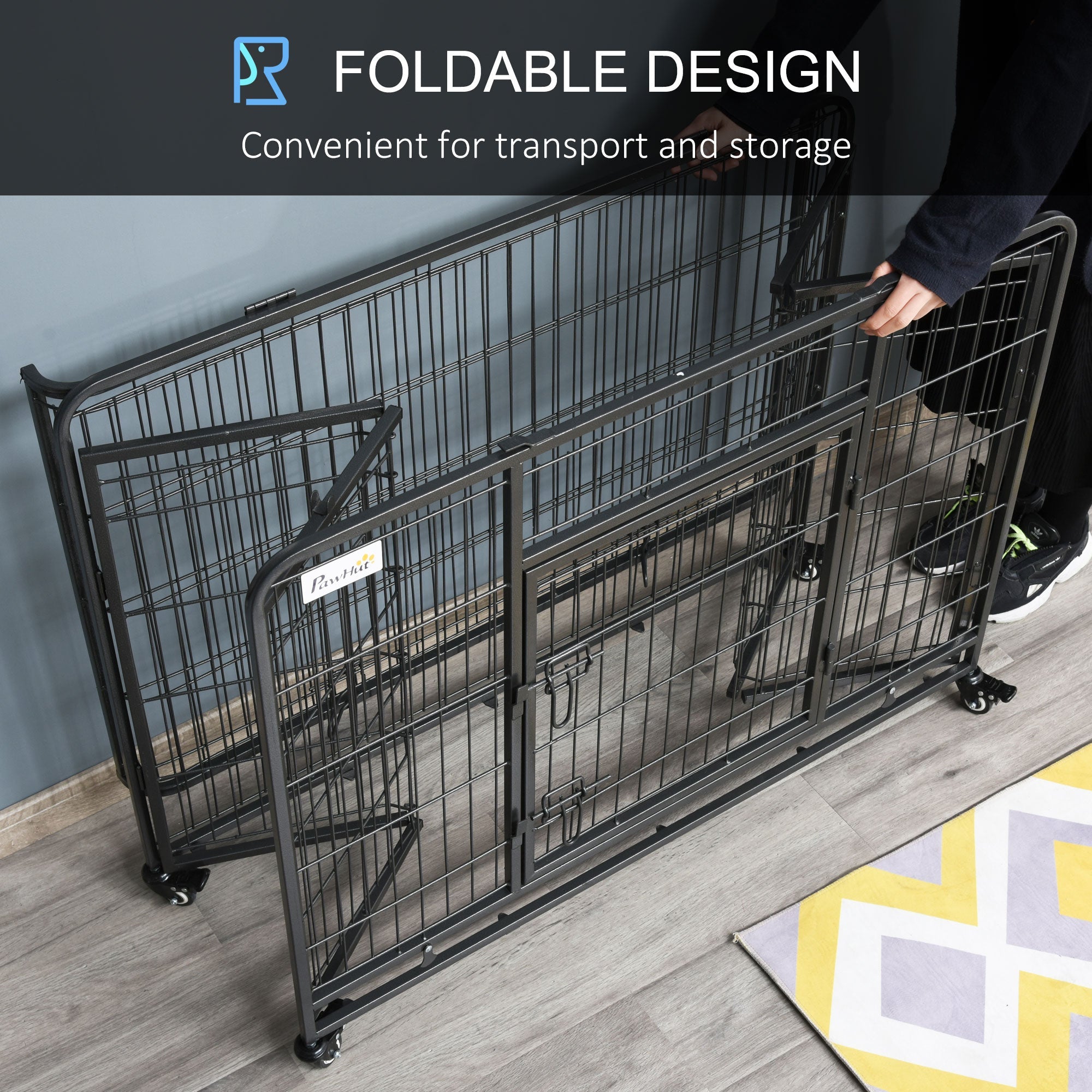 Folding Heavy Duty Dog Crate Heavy Duty Cage for Large Sized Dogs with Double Doors, Lockable Wheels Tray, 43