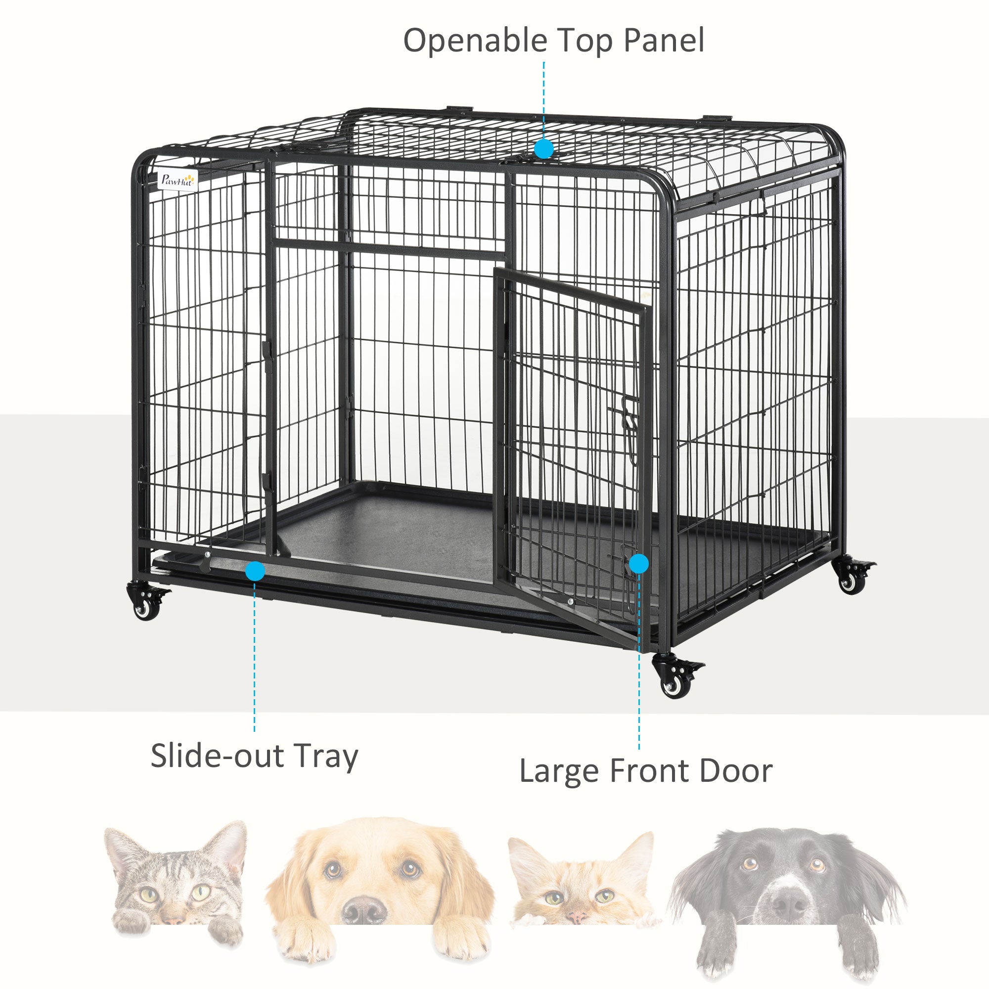 Folding Heavy Duty Dog Crate Heavy Duty Cage for Large Sized Dogs with Double Doors, Lockable Wheels Tray, 43