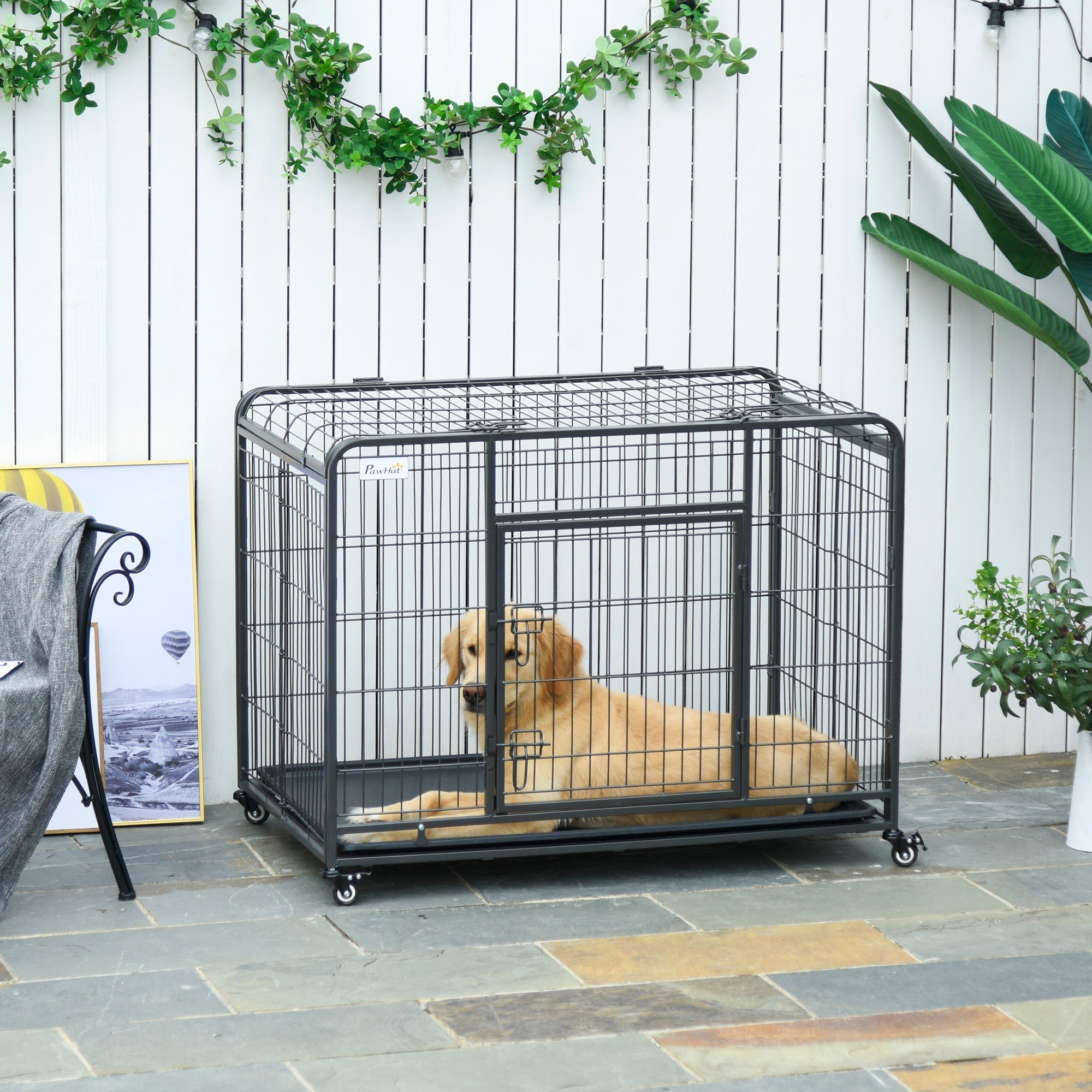 Folding Heavy Duty Dog Crate Heavy Duty Cage for Large Sized Dogs with Double Doors, Lockable Wheels Tray, 43