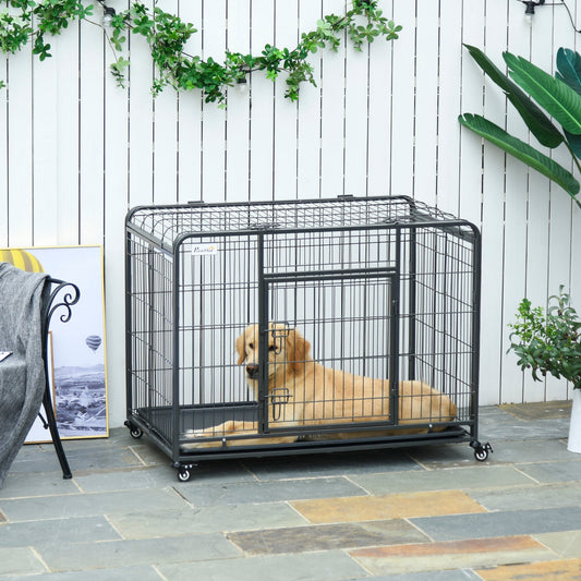 Folding Heavy Duty Dog Crate Heavy Duty Cage for Large Sized Dogs with Double Doors, Lockable Wheels Tray, 43" x 28" x 31" Houses, Kennels & Pens Dark Grey  at Gallery Canada