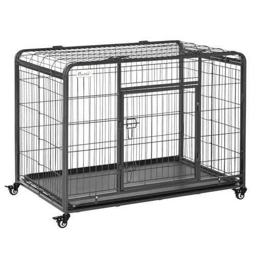 Folding Heavy Duty Dog Crate Heavy Duty Cage for Large Sized Dogs with Double Doors, Lockable Wheels Tray, 43