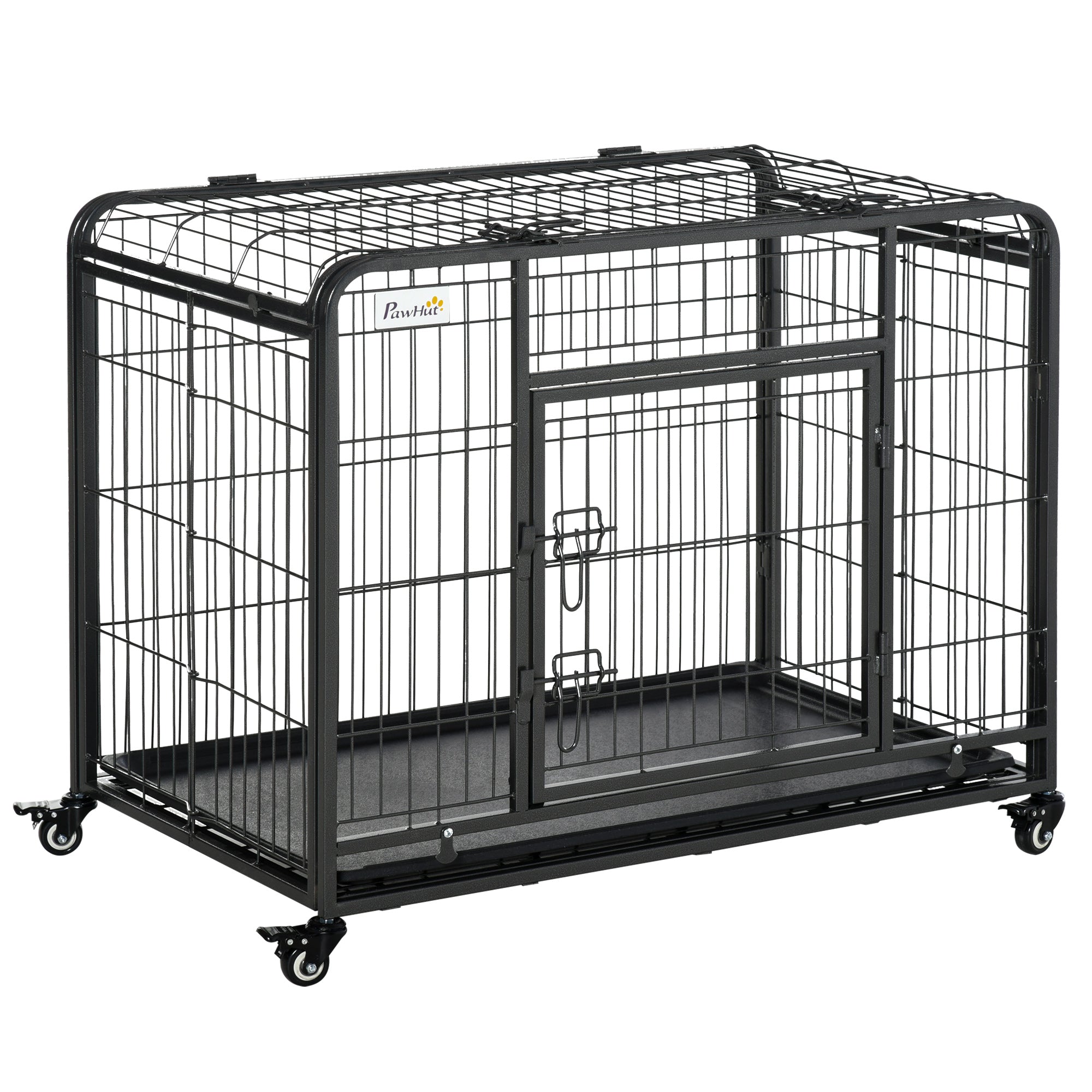 Folding Heavy Duty Dog Crate Heavy Duty Cage for Medium Sized Dogs with Double Doors, Lockable Wheels Tray, 37