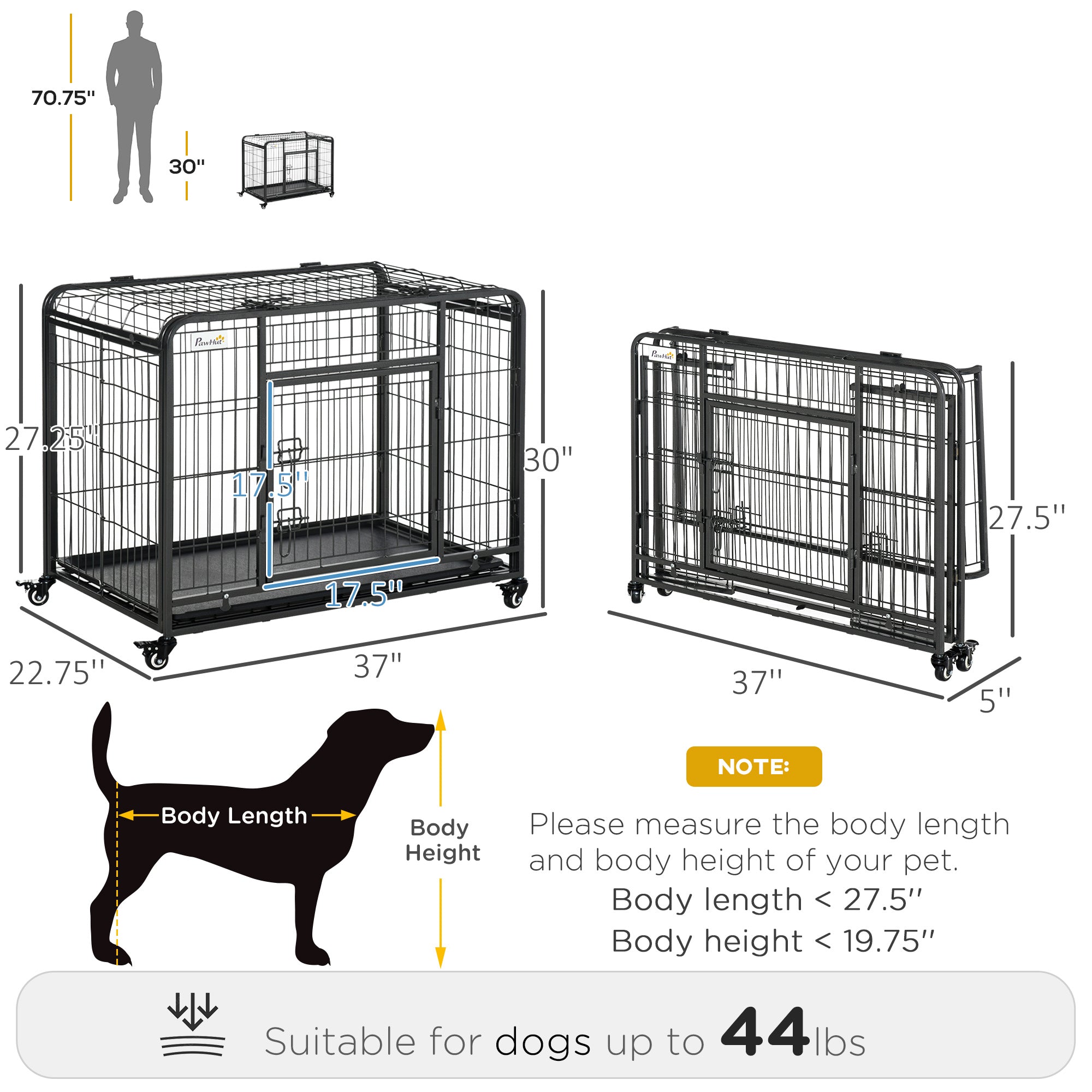 Folding Heavy Duty Dog Crate Heavy Duty Cage for Medium Sized Dogs with Double Doors, Lockable Wheels Tray, 37