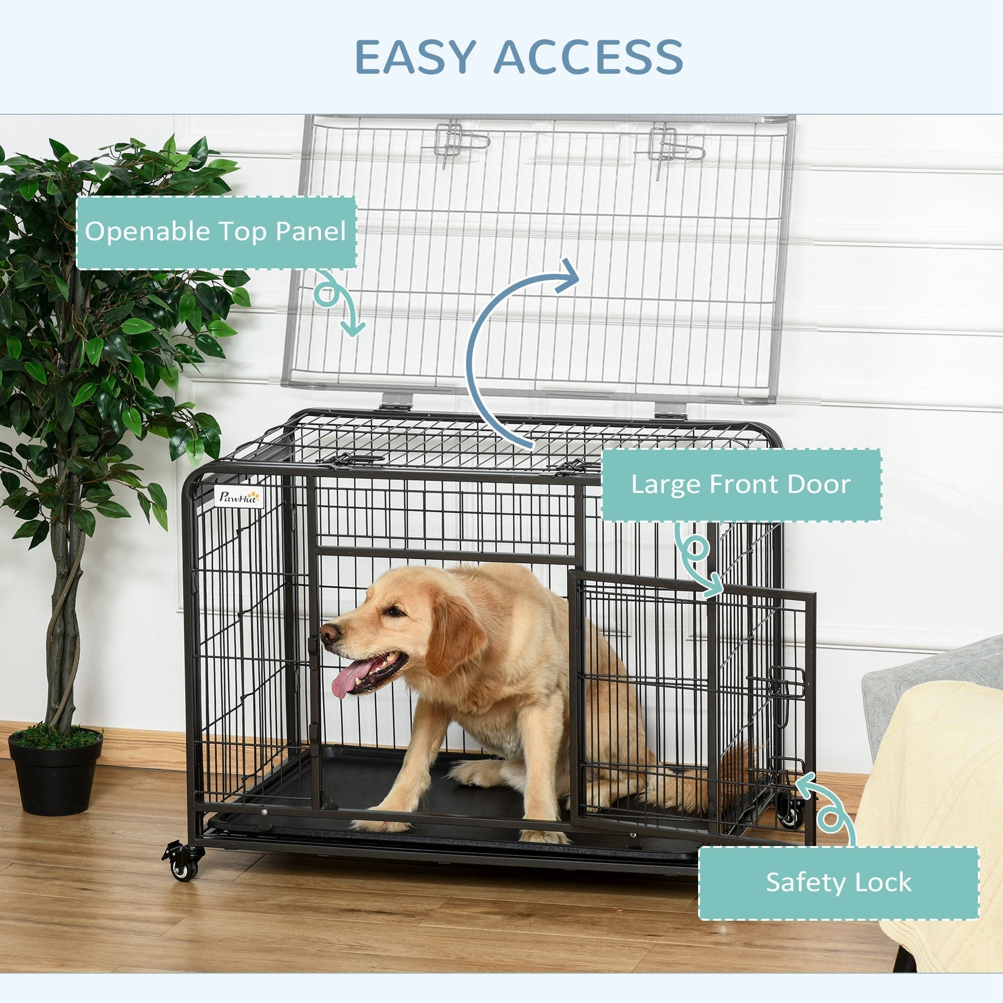 Folding Heavy Duty Dog Crate Heavy Duty Cage for Medium Sized Dogs with Double Doors, Lockable Wheels Tray, 37