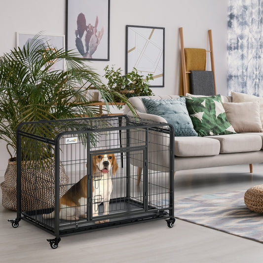 Folding Heavy Duty Dog Crate Heavy Duty Cage for Medium Sized Dogs with Double Doors, Lockable Wheels Tray, 37" x 23" x 27" Houses, Kennels & Pens Dark Grey  at Gallery Canada