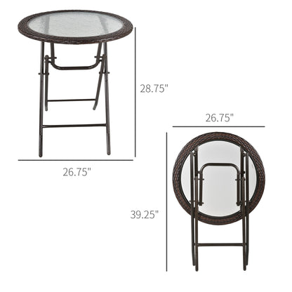 Folding Round Tempered Glass Metal Table with Brown Rattan Edging, Brown Patio Side Tables   at Gallery Canada