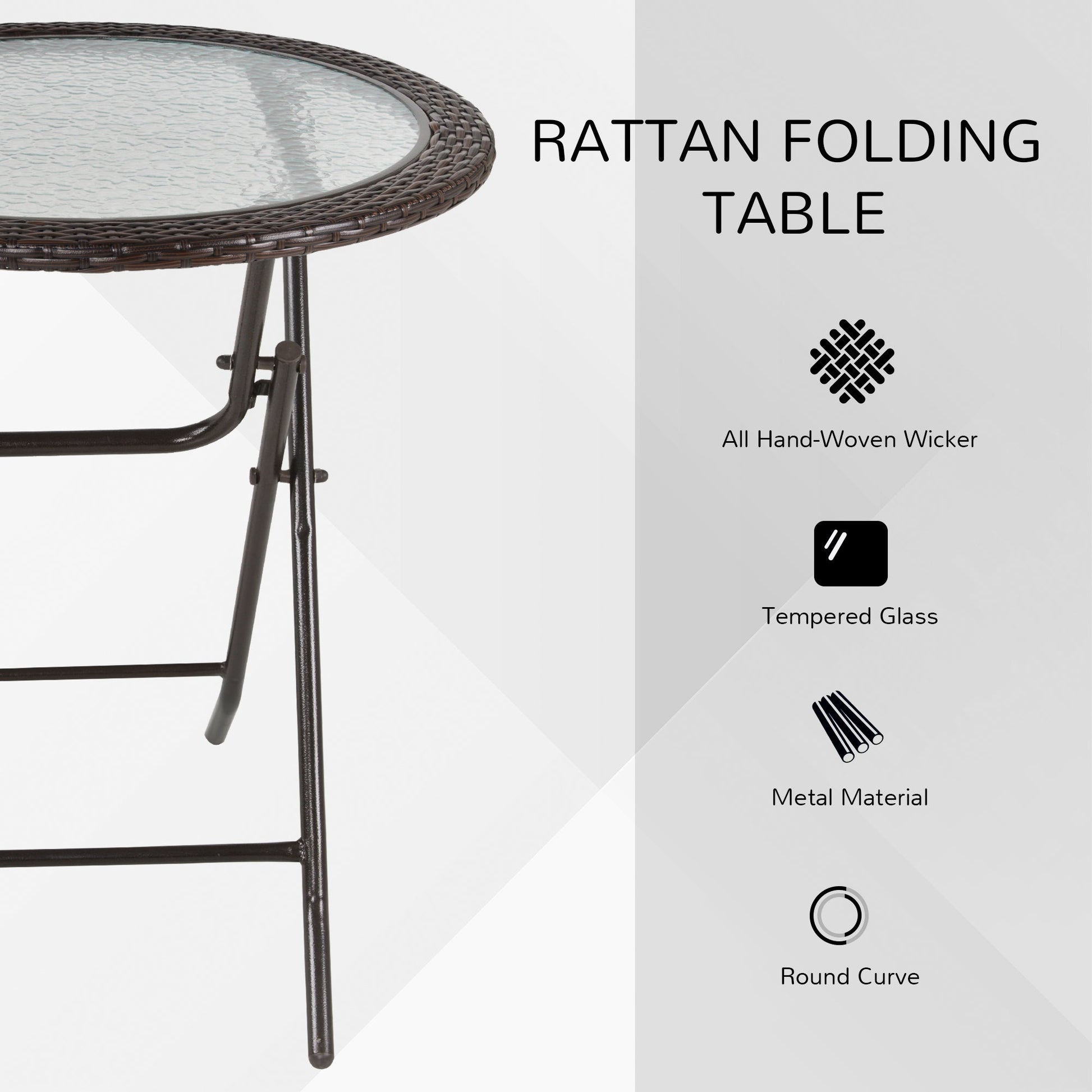 Folding Round Tempered Glass Metal Table with Brown Rattan Edging, Brown Patio Side Tables   at Gallery Canada