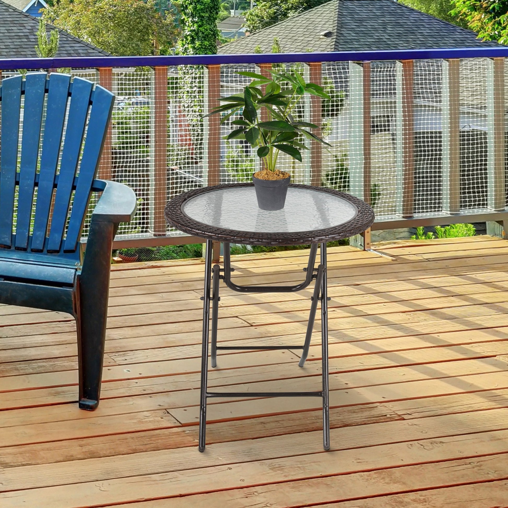 Folding Round Tempered Glass Metal Table with Brown Rattan Edging, Brown Patio Side Tables   at Gallery Canada