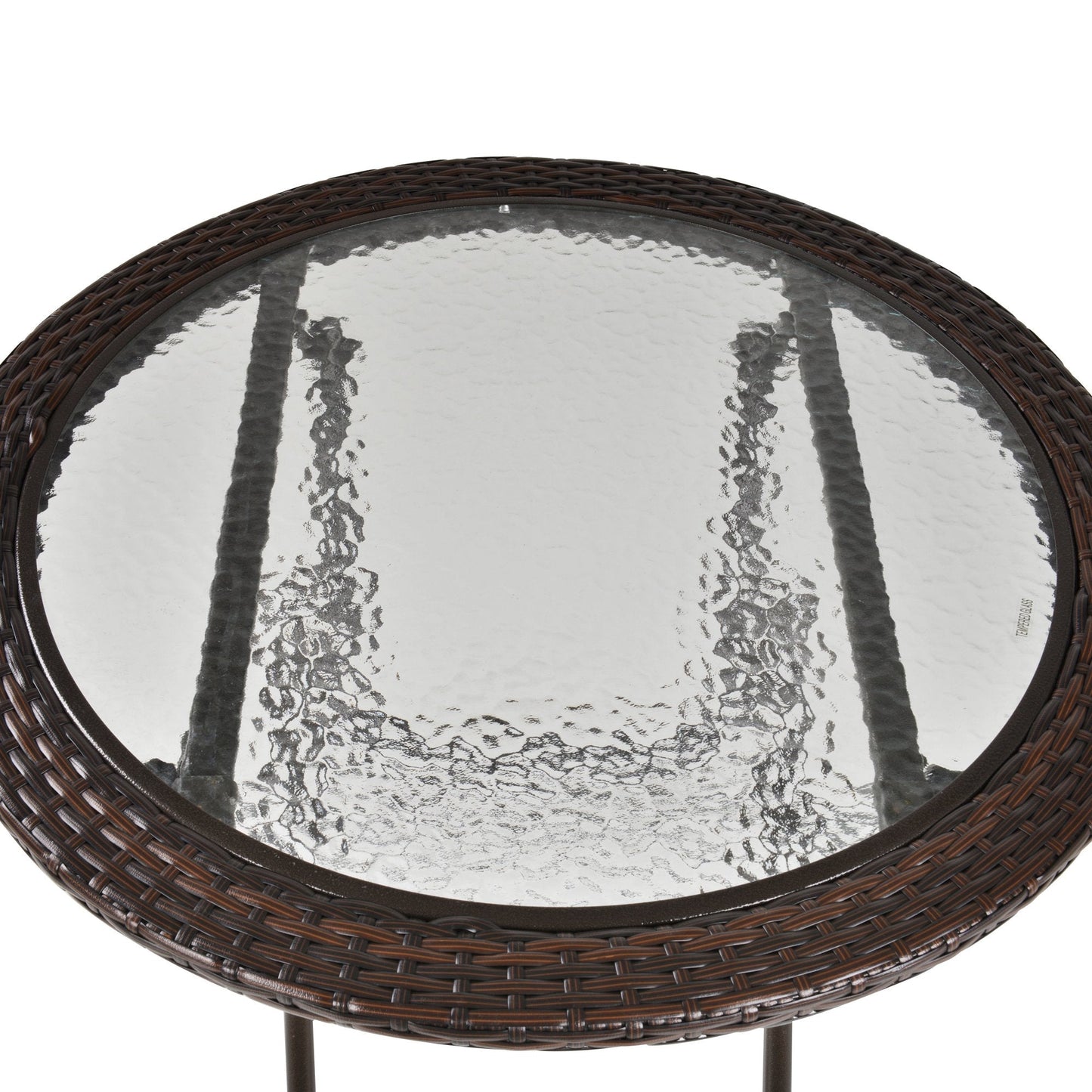 Folding Round Tempered Glass Metal Table with Brown Rattan Edging, Brown Patio Side Tables   at Gallery Canada