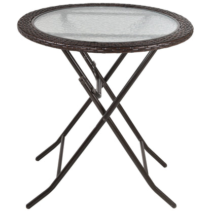 Folding Round Tempered Glass Metal Table with Brown Rattan Edging, Brown Patio Side Tables Brown  at Gallery Canada