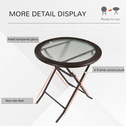 Folding Round Tempered Glass Metal Table with Brown Rattan Edging, Brown Patio Side Tables   at Gallery Canada