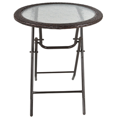 Folding Round Tempered Glass Metal Table with Brown Rattan Edging, Brown Patio Side Tables   at Gallery Canada