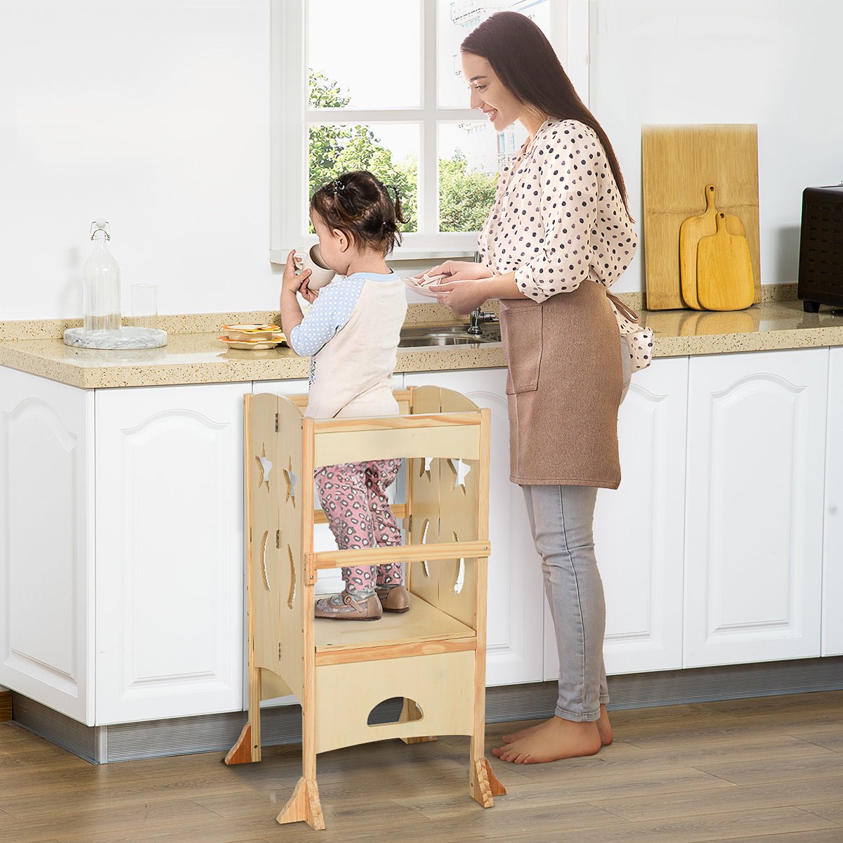 Natural Folding Toddler Tower with Safety Rail, Non-Slip Strips, Support Handles Toddler & Kids Step Stools   at Gallery Canada