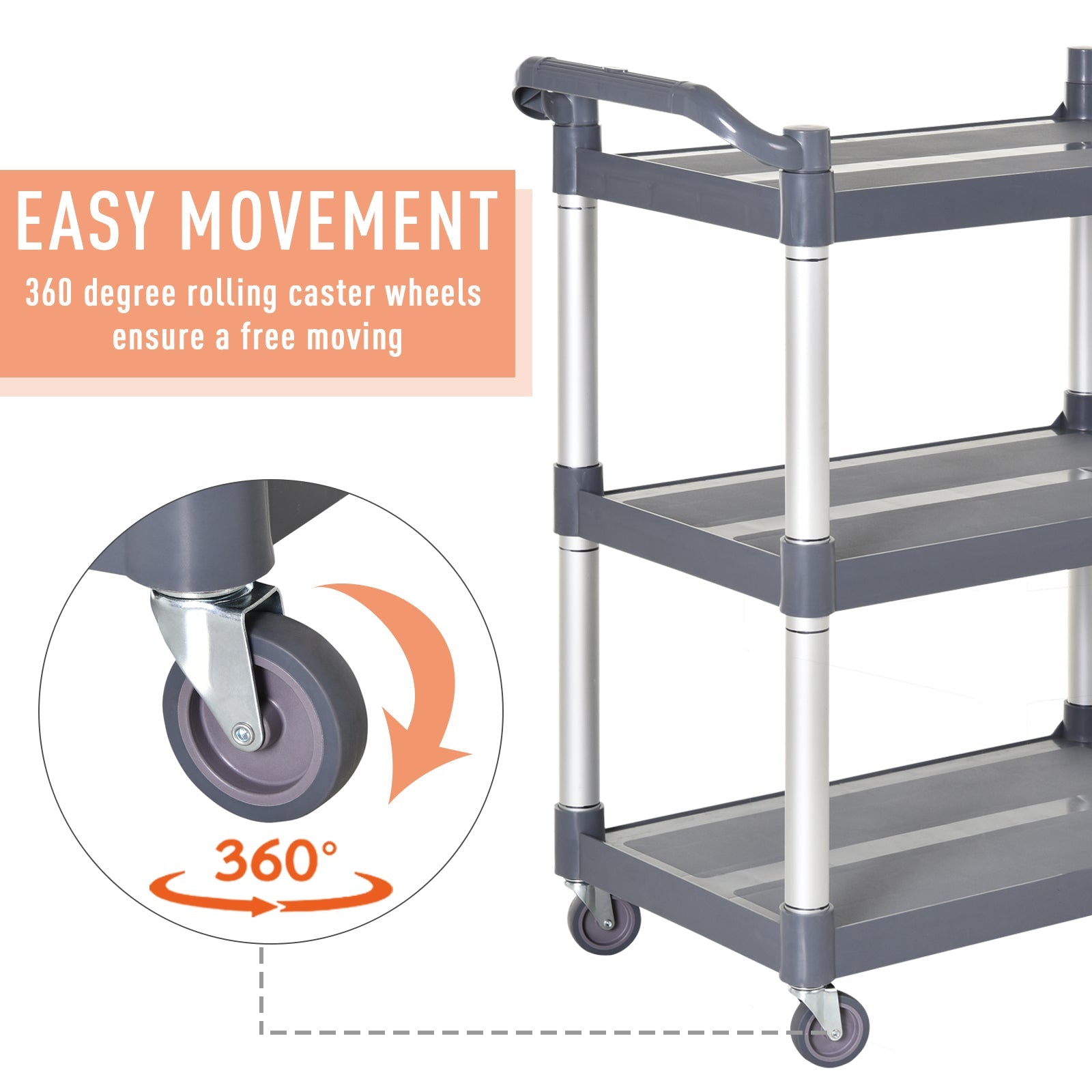 3-Tier Utility Cart Large Rolling Storage Trolley with 3 Shelves Metal Clean Service Cart, Restaurant, Hotel, Livingroom, Silver and Grey Kitchen Islands & Kitchen Carts   at Gallery Canada