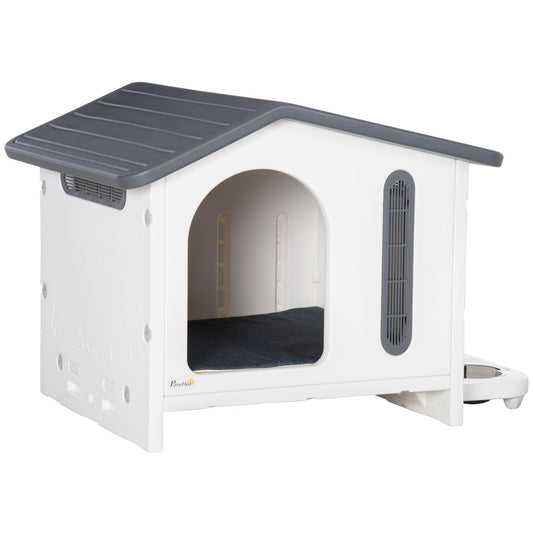 Small Plastic Dog House with Air Vents, Door, Bowls, Cushion - White Houses, Kennels & Pens Multi Colour  at Gallery Canada