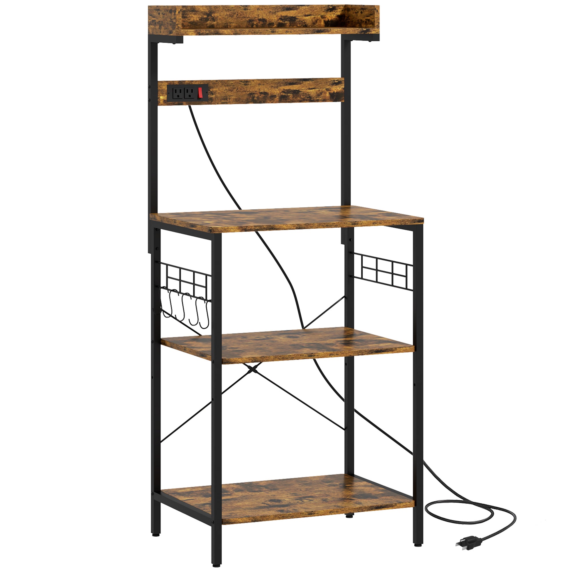 Kitchen Baker's Rack with Power Outlet, Coffee Bar Station with Adjustable Shelves and Hooks, Rustic Brown Bar Cabinets   at Gallery Canada