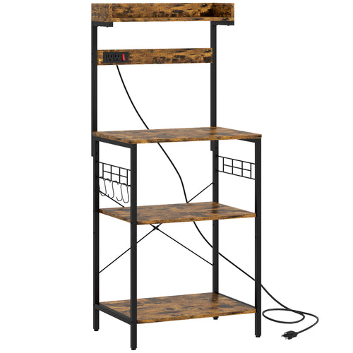 Kitchen Baker's Rack with Power Outlet, Coffee Bar Station with Adjustable Shelves and Hooks, Rustic Brown