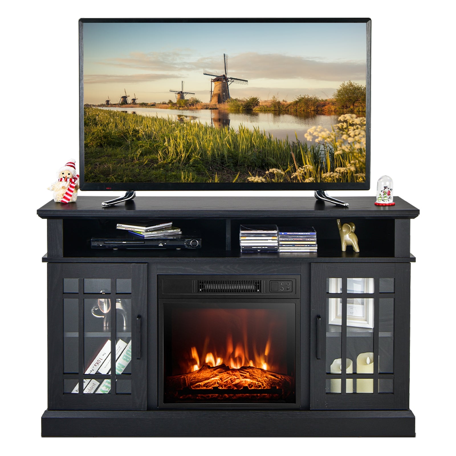 48 Inch Electric Fireplace TV Stand with Cabinets for TVs Up to 55 Inch, Black Entertainment Centers & TV Stands at Gallery Canada