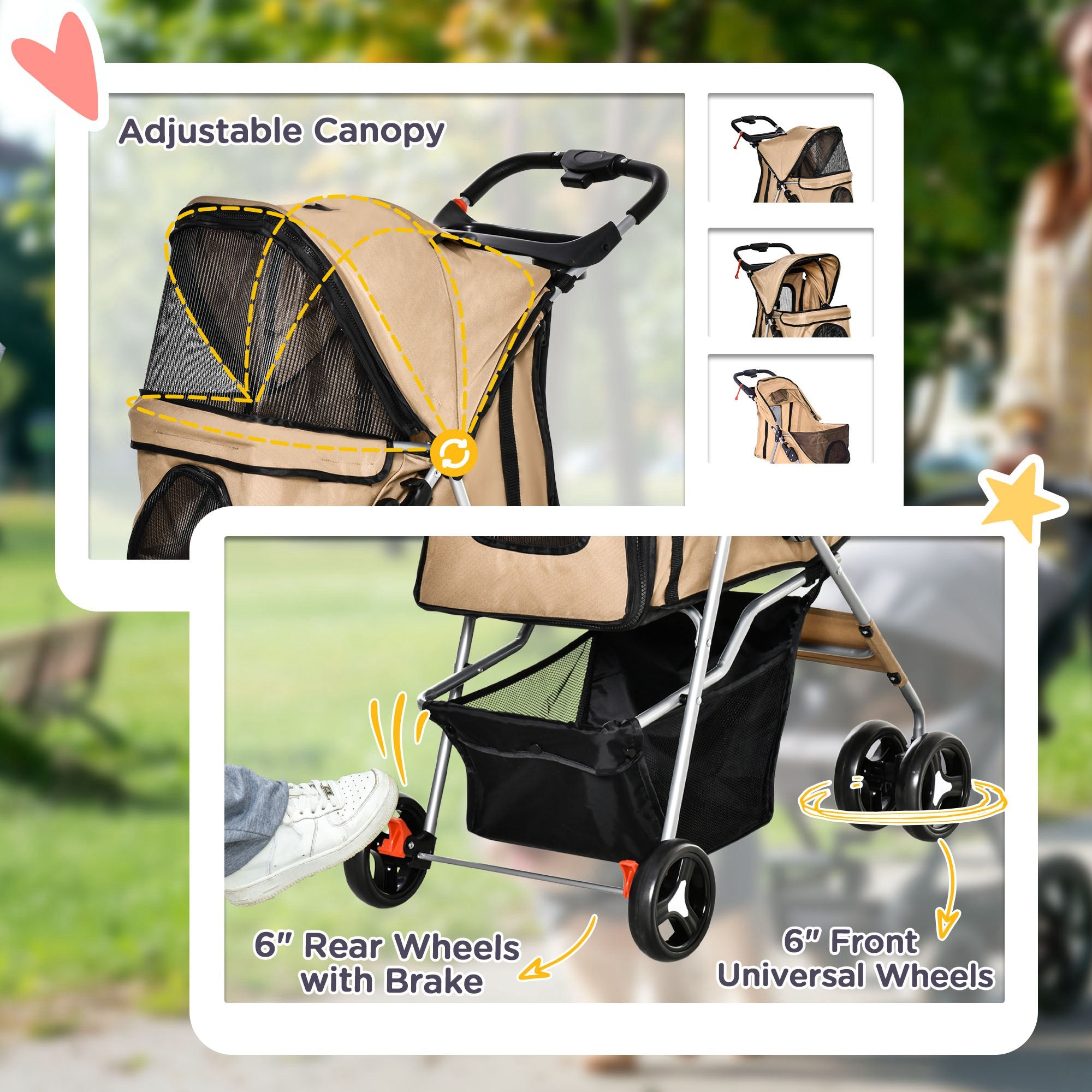 Pet Stroller Foldable Carrier for Cat, Dog and More 4 Wheels Travel Jogger with Cup Holder, Storage Basket, 360 ° swiveling front wheels, Easy Fold, Coffee Dog Bike Trailers & Strollers at Gallery Canada