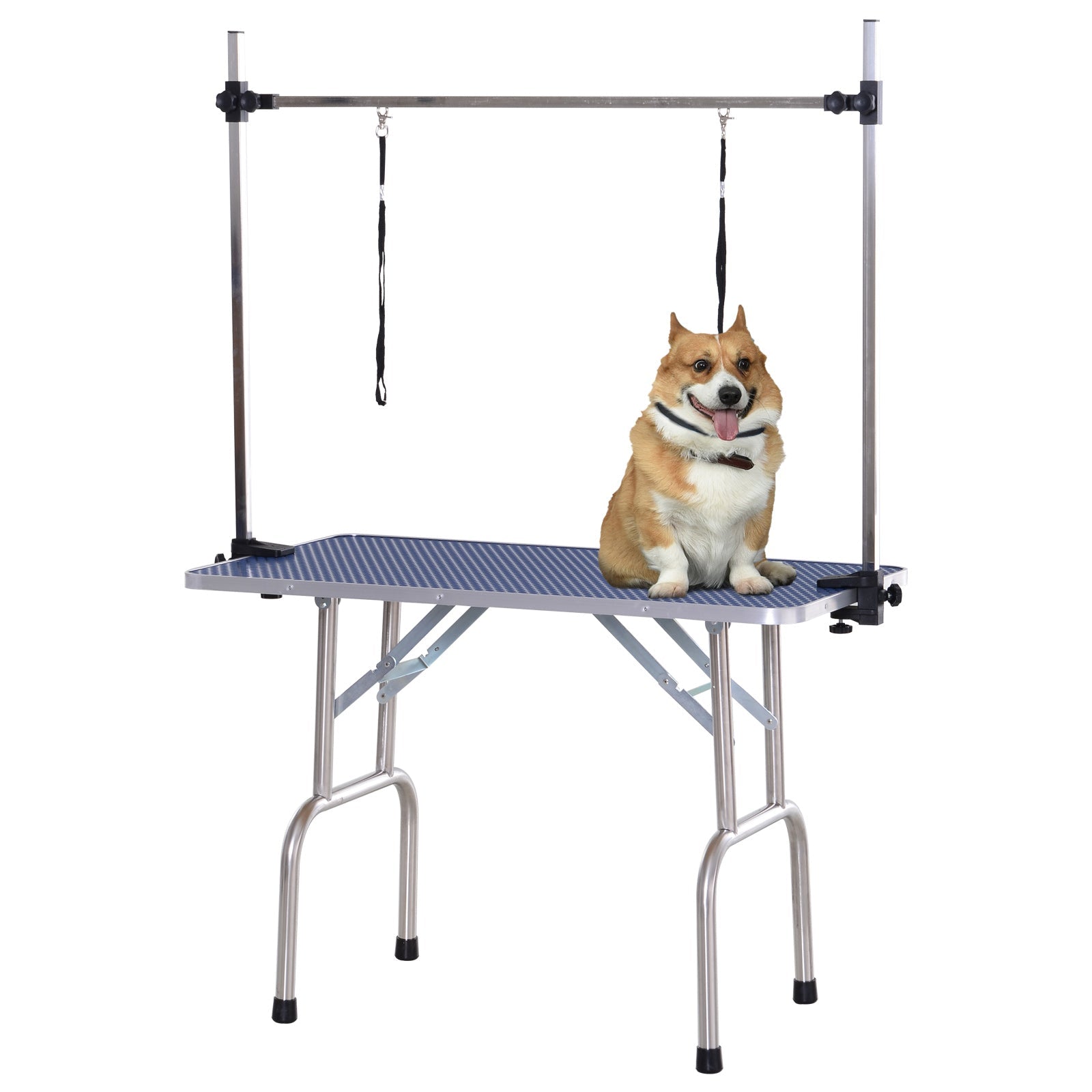 Adjustable Dog Grooming Table Rubber Top 2 Safety Slings Mesh Storage Basket Heavy Metal Blue 42.25"x 23.5" x 67" Dog Grooming Tables Blue  at Gallery Canada