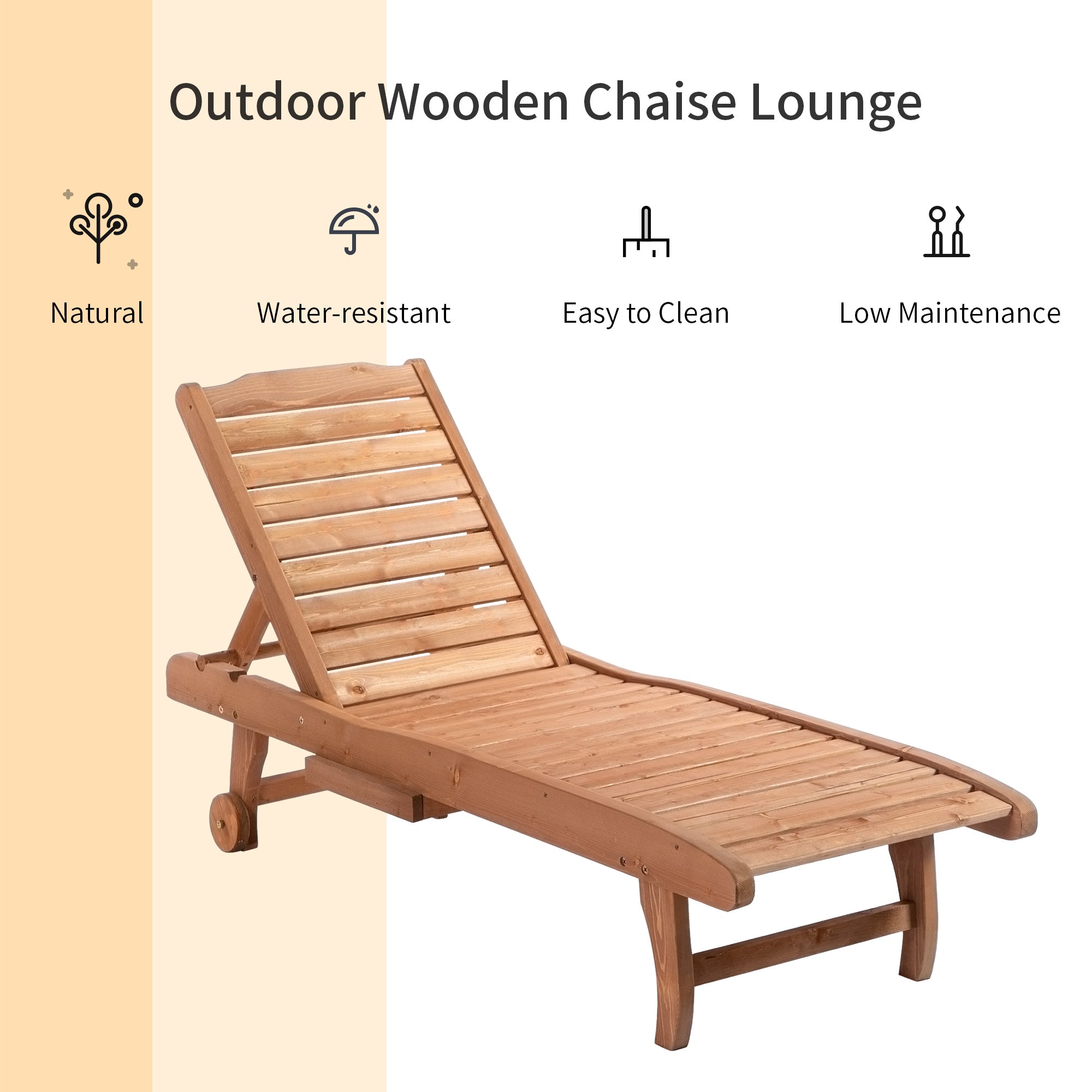 Wooden Outdoor Lounge Chair, Adjustable Patio Outdoor Chaise Recliner Garden Furniture, Tanning Chair with Pull-out Tray and 2 Wheels, Brown Chaise Loungers   at Gallery Canada