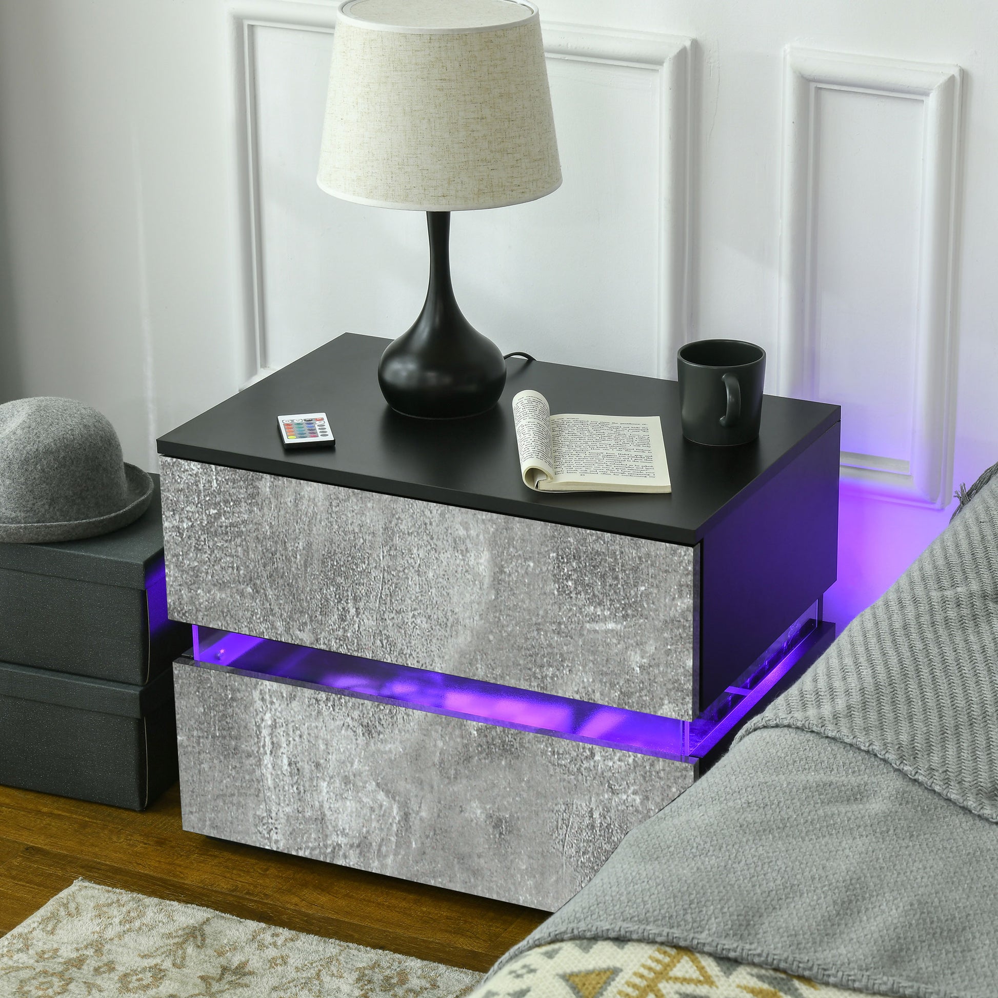 Modern Nightstand, Bedside Table with 2 Drawers, USB Powered RGB LED Lights, Remote for Bedroom, Grey Bedside Tables   at Gallery Canada