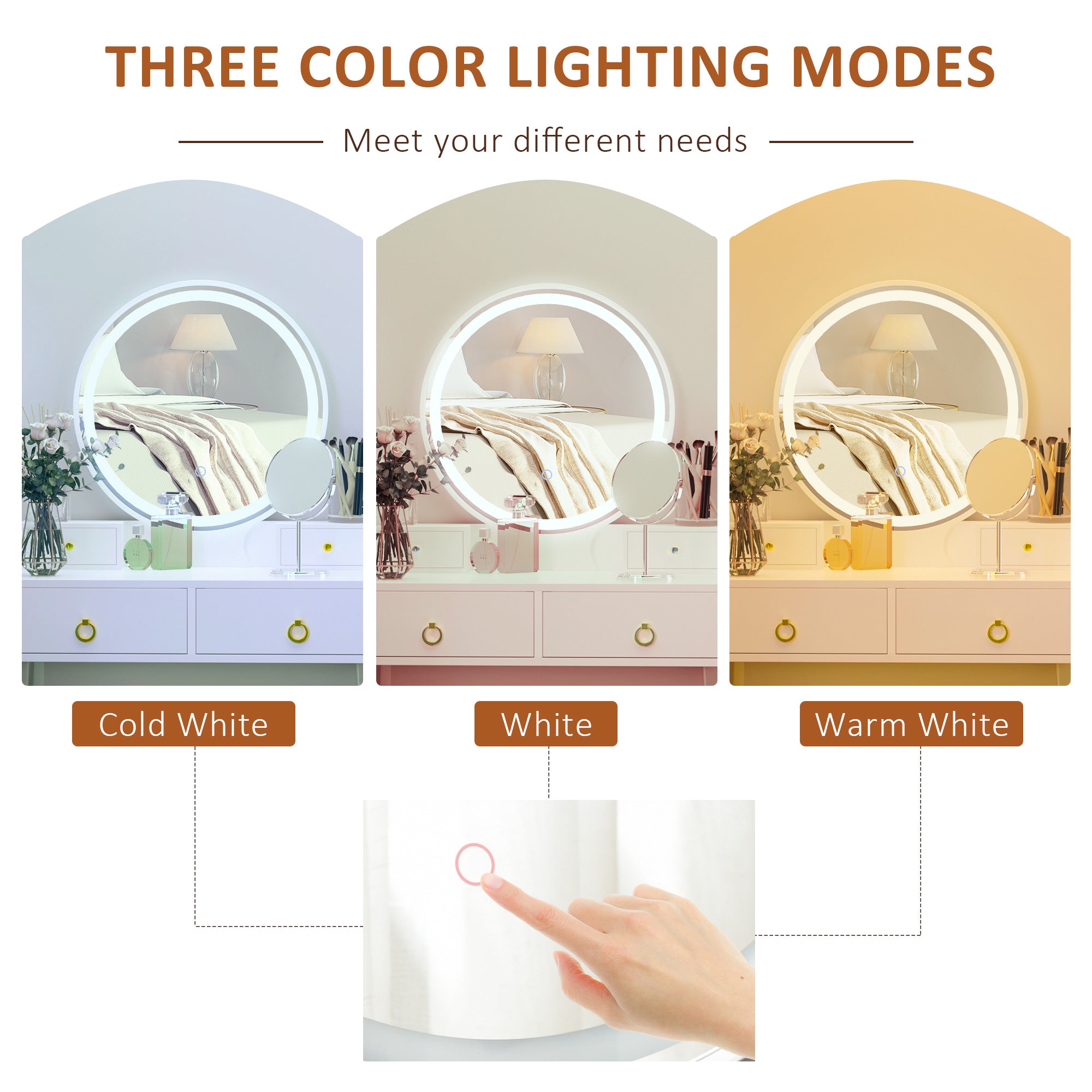 Makeup Vanity Table Set with Round Mirror, Built-in 3 Color LED Light, Dressing Desk with 4 Drawers and Cushioned Stool for Bedroom, White Dressing & Vanity Tables at Gallery Canada