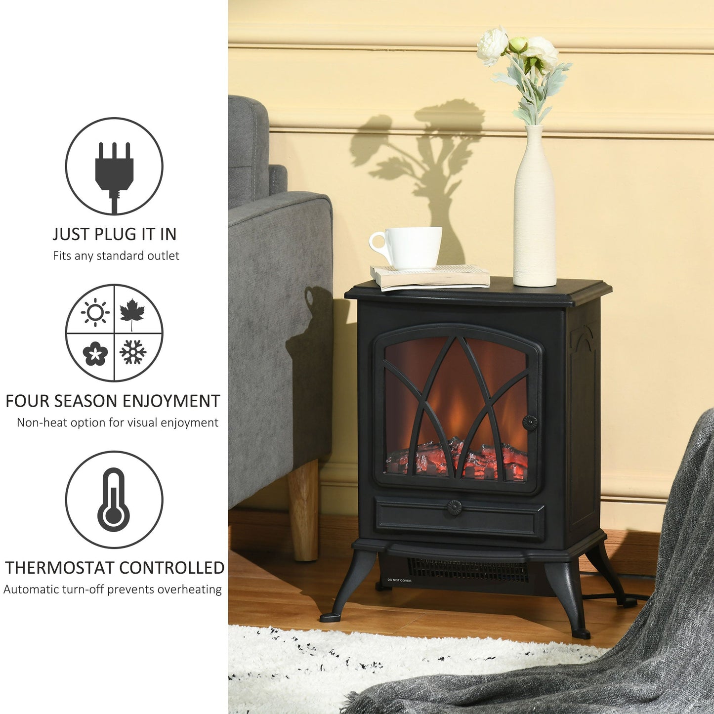 Free Stand Electric Fireplace Stove Heater with Adjustable LED Flame Effect and Front Door, 750W/1500W, Black Electric Fireplaces   at Gallery Canada