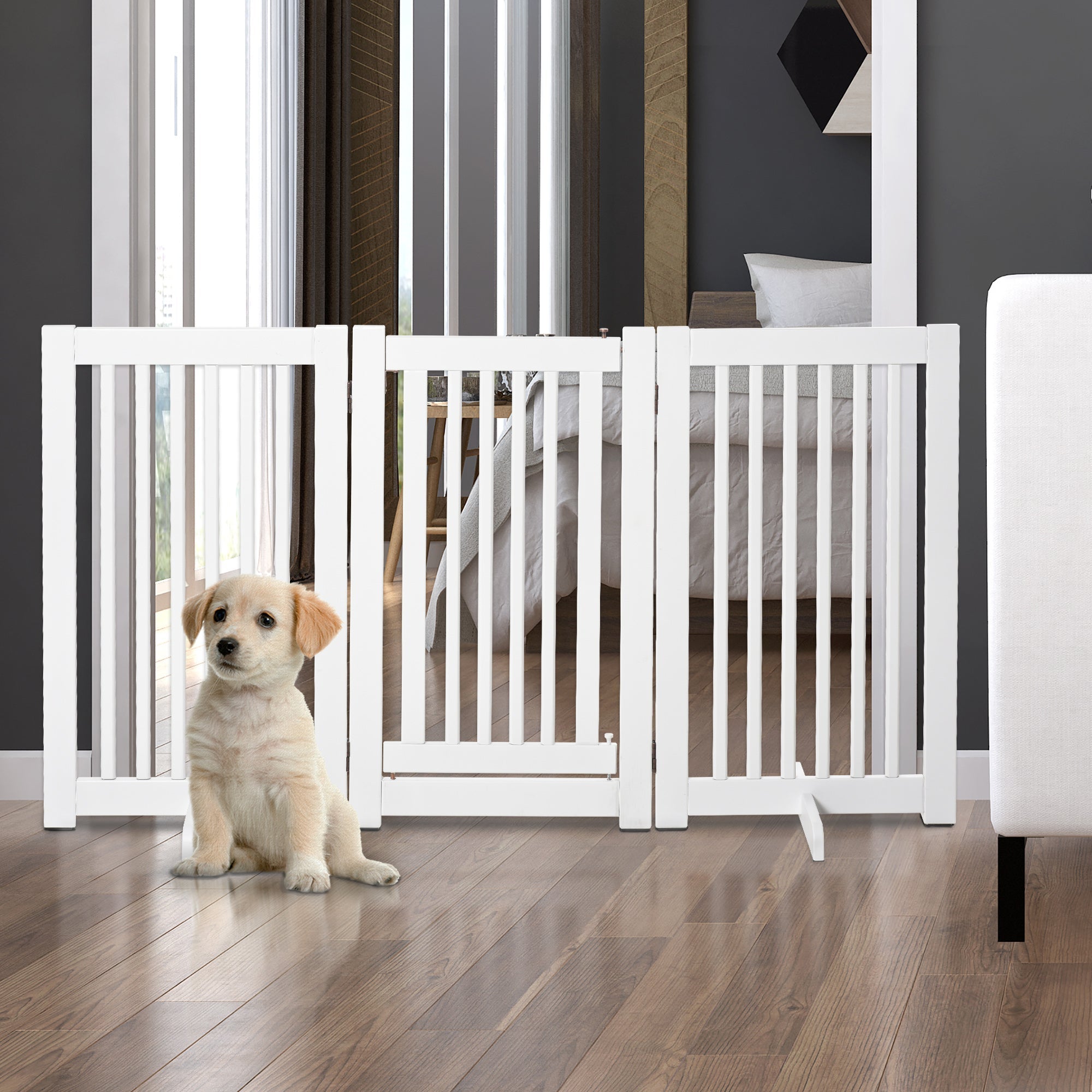 Free Standing Wood Pet Gate Indoor Dog Barrier 3 Panel Folding Z Shape Doorway Houses, Kennels & Pens   at Gallery Canada