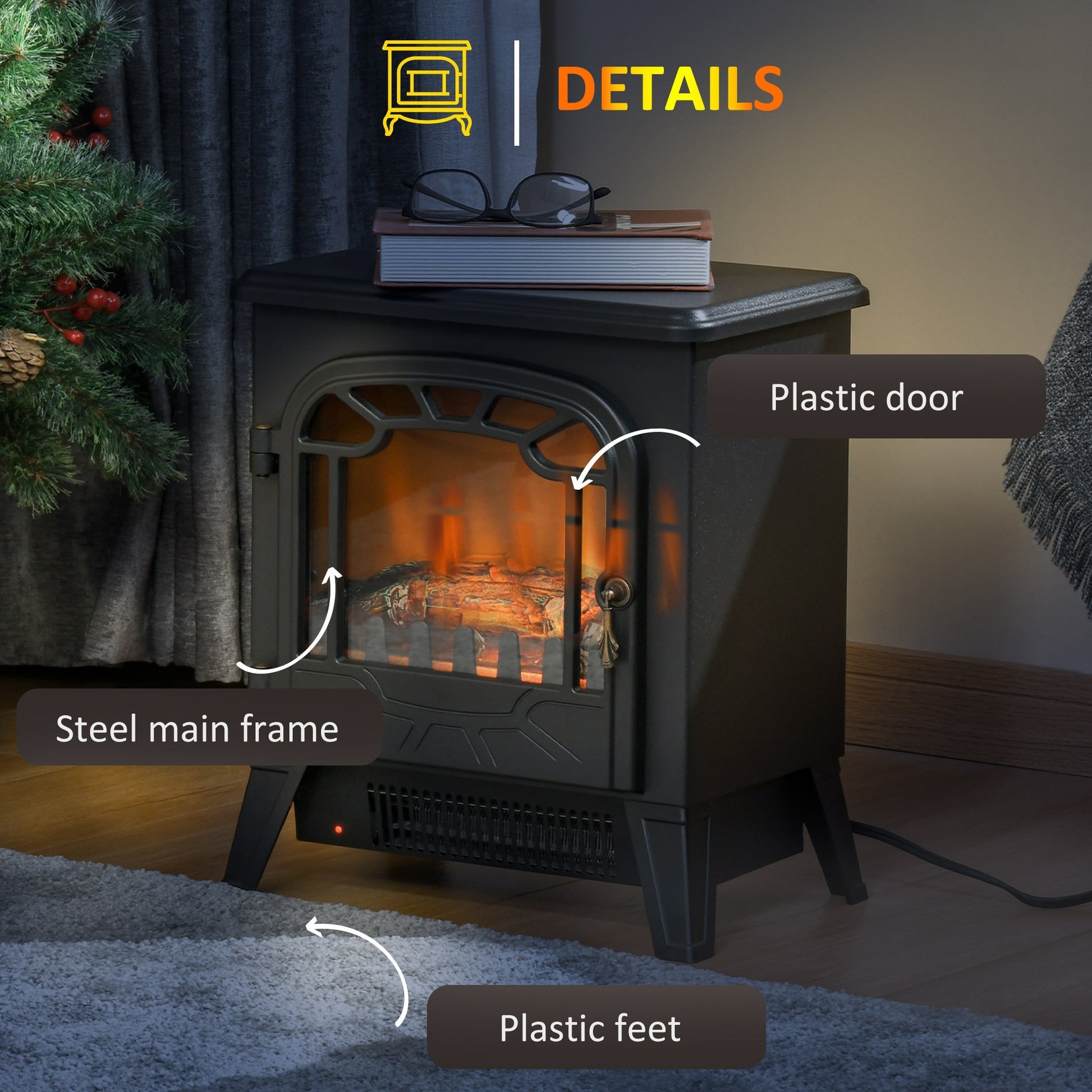 Freestanding Electric Fireplace Stove Heater with Realistic Flame Effect, Overheat Protection, 750W/1500W, Black Electric Fireplaces   at Gallery Canada