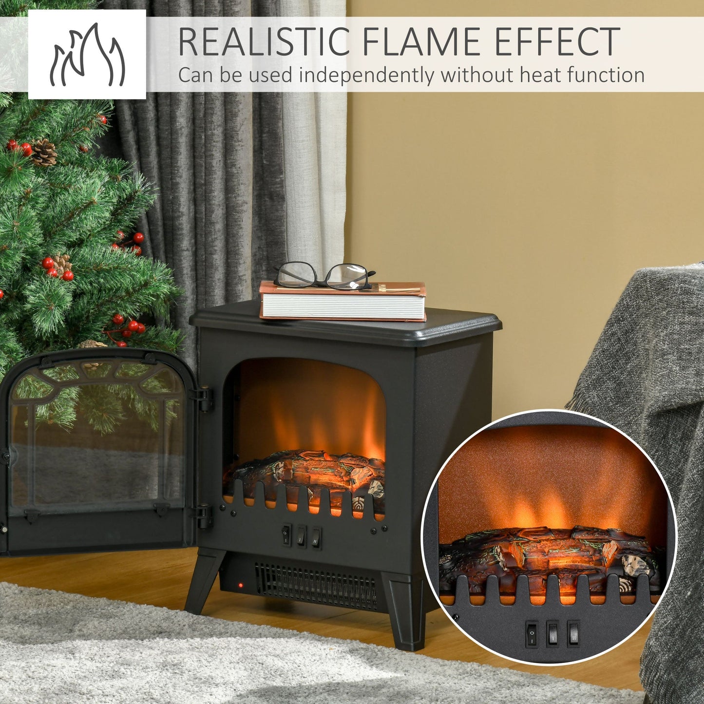 Freestanding Electric Fireplace Stove Heater with Realistic Flame Effect, Overheat Protection, 750W/1500W, Black Electric Fireplaces   at Gallery Canada