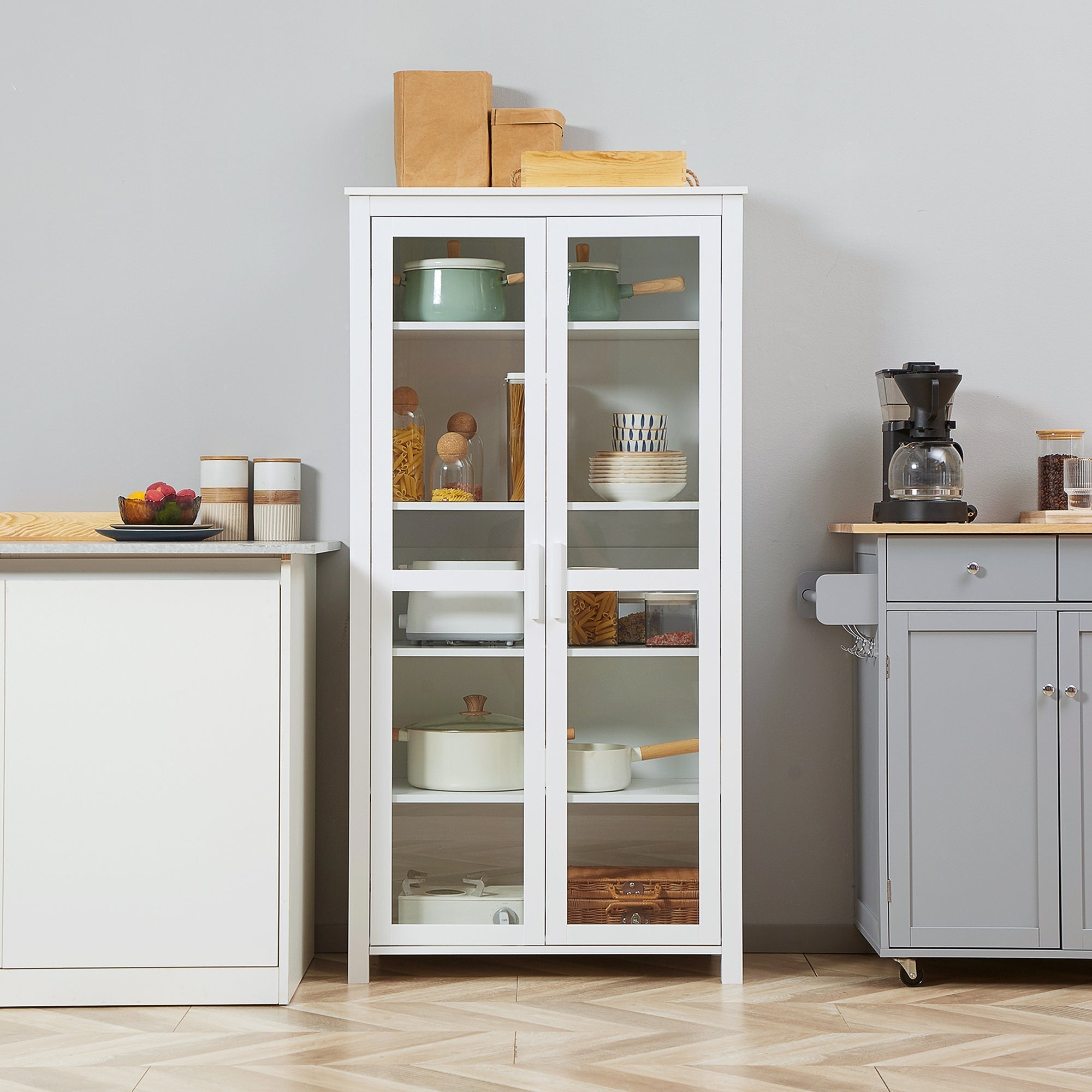 Freestanding Kitchen Pantry, Buffet Cabinet, 5-tier Storage Cabinet with Adjustable Shelves and 2 Glass Doors, White Kitchen Pantry Cabinets   at Gallery Canada