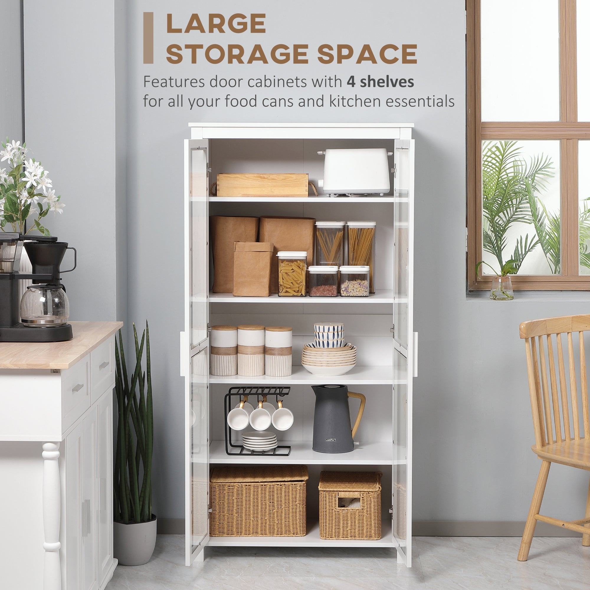 Freestanding Kitchen Pantry, Buffet Cabinet, 5-tier Storage Cabinet with Adjustable Shelves and 2 Glass Doors, White Kitchen Pantry Cabinets   at Gallery Canada