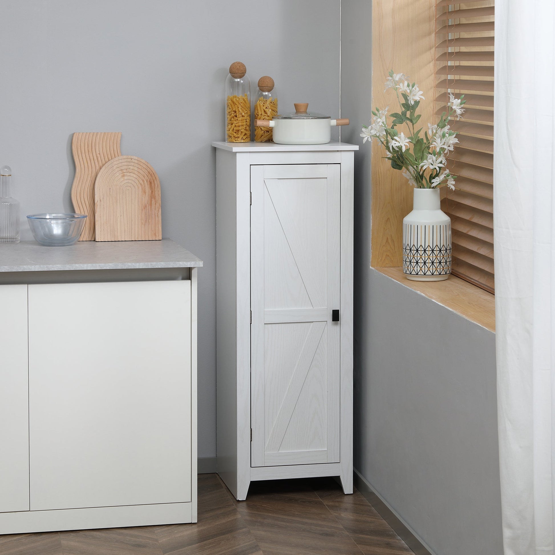 Freestanding Kitchen Pantry, Storage Cabinet with Barn Style Door and Adjustable Shelves, 47.8", White Kitchen Pantry Cabinets   at Gallery Canada