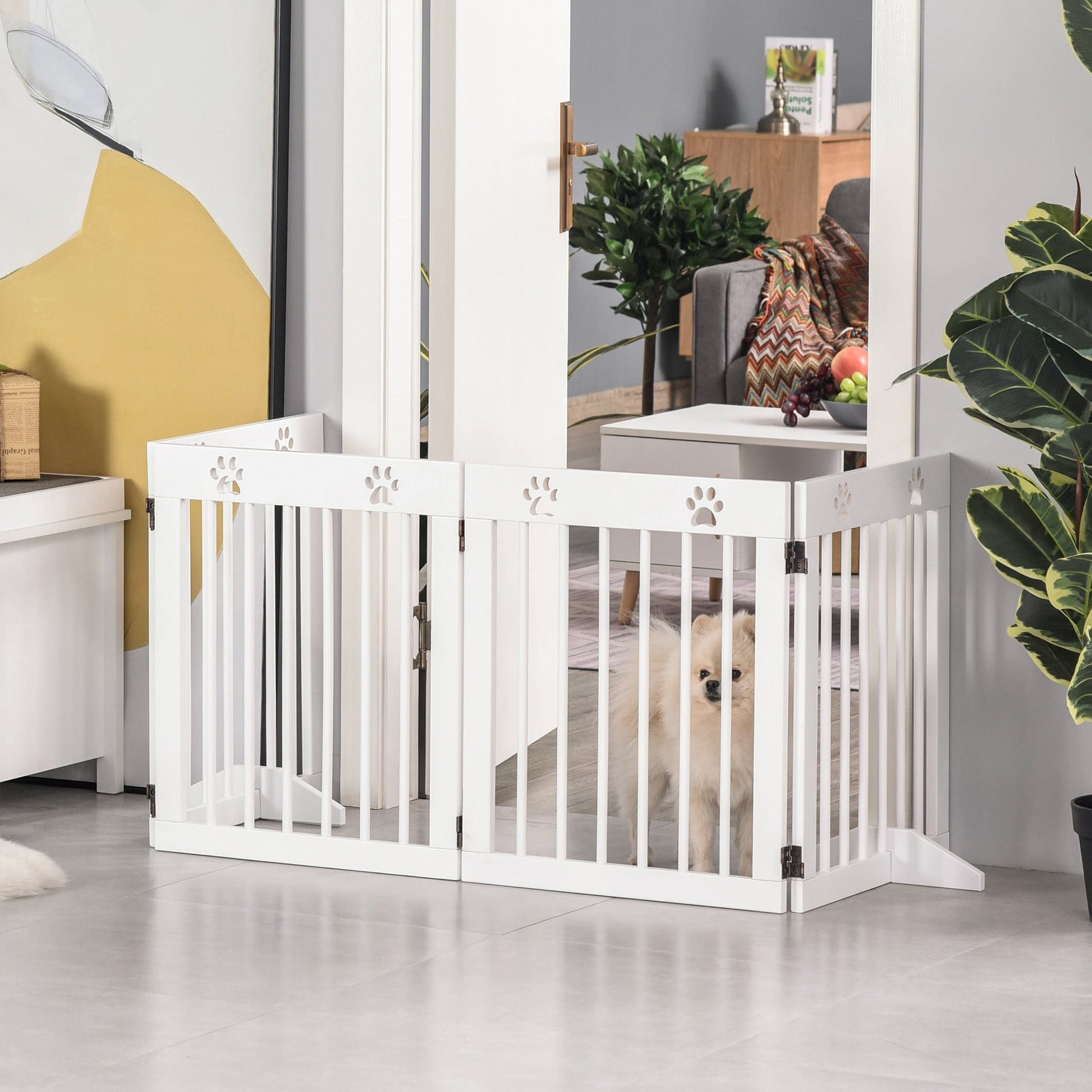 Freestanding Pet Gate 4 Panel Wooden Dog Barrier Folding Safety Fence with Support Feet up to 80.25" Long 24" Tall for Doorway Stairs White Houses, Kennels & Pens   at Gallery Canada