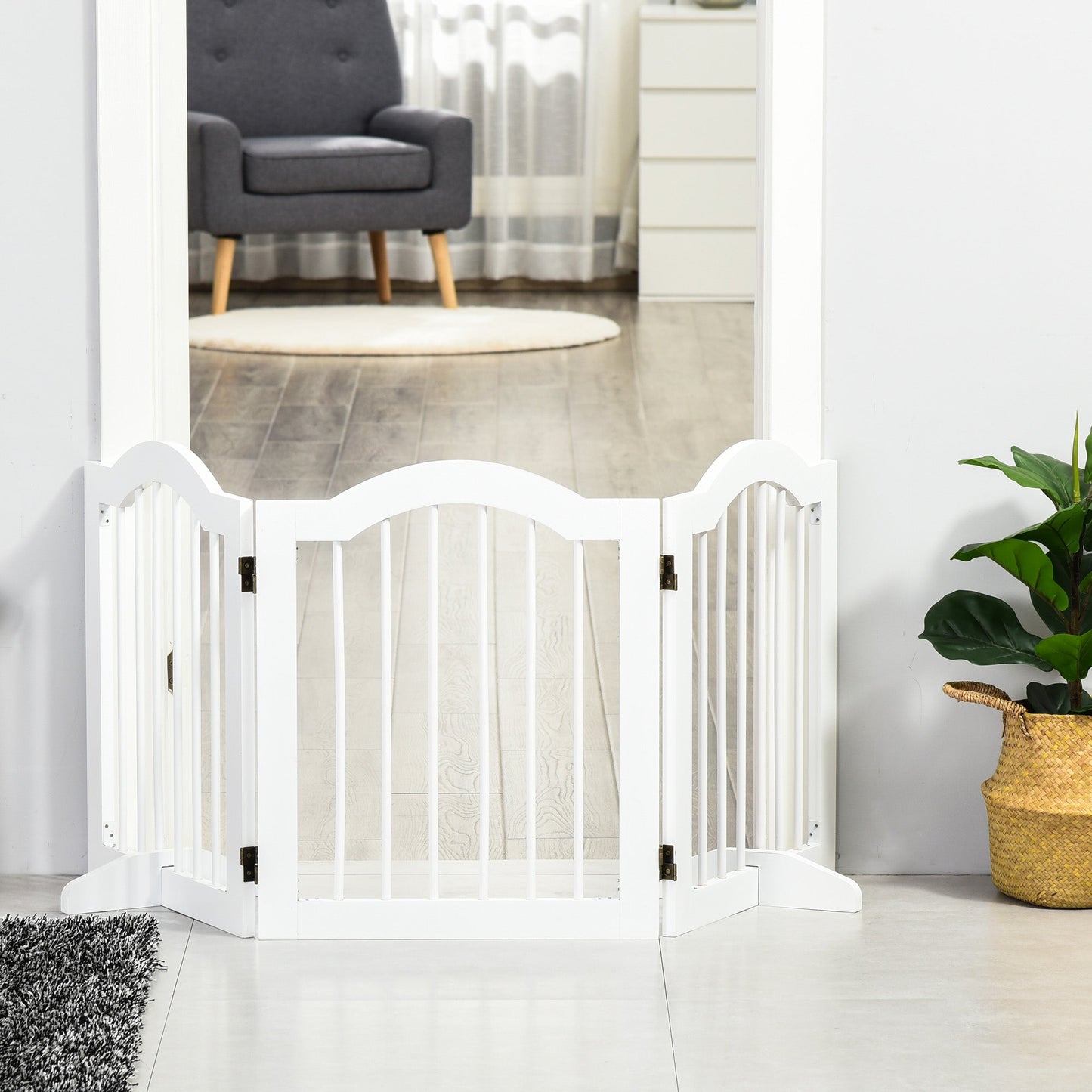 Freestanding Pet Gate for Dogs 24" Tall Foldable Dog Gates Indoor Wooden Barrier 3 Panels with 2 Support Feet, for Doorway Stairs, White Houses, Kennels & Pens   at Gallery Canada