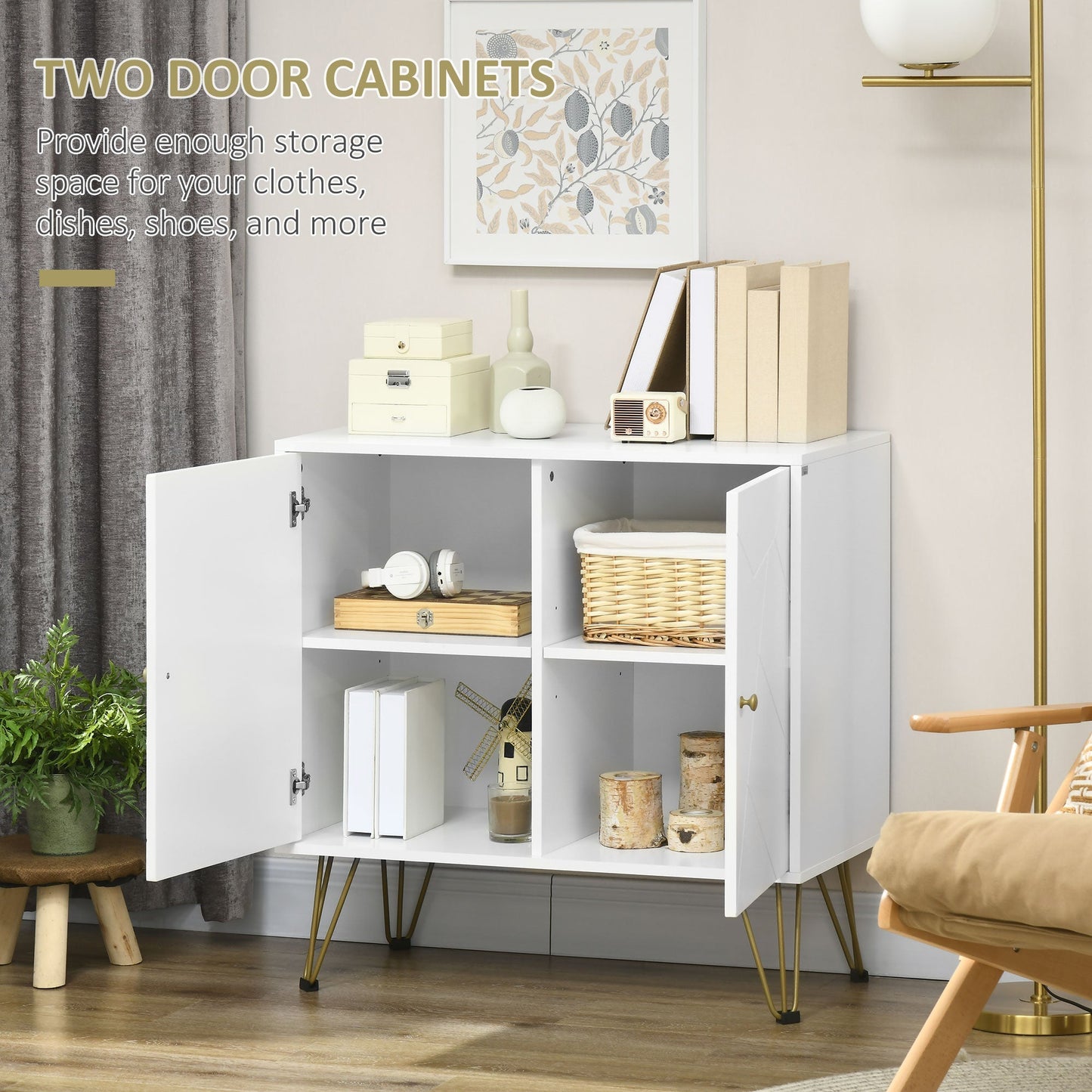 Freestanding Storage Cabinet with Doors, Cupboard Organization with Golden Hairpin Legs and Adjustable Shelves, White Storage Cabinets   at Gallery Canada