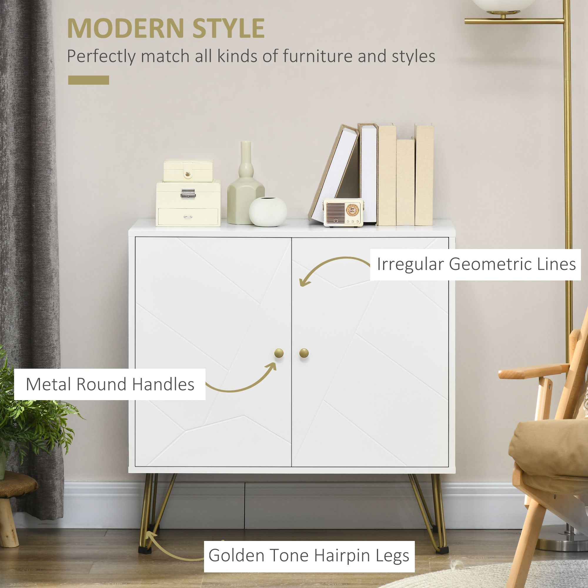 Freestanding Storage Cabinet with Doors, Cupboard Organization with Golden Hairpin Legs and Adjustable Shelves, White Storage Cabinets   at Gallery Canada