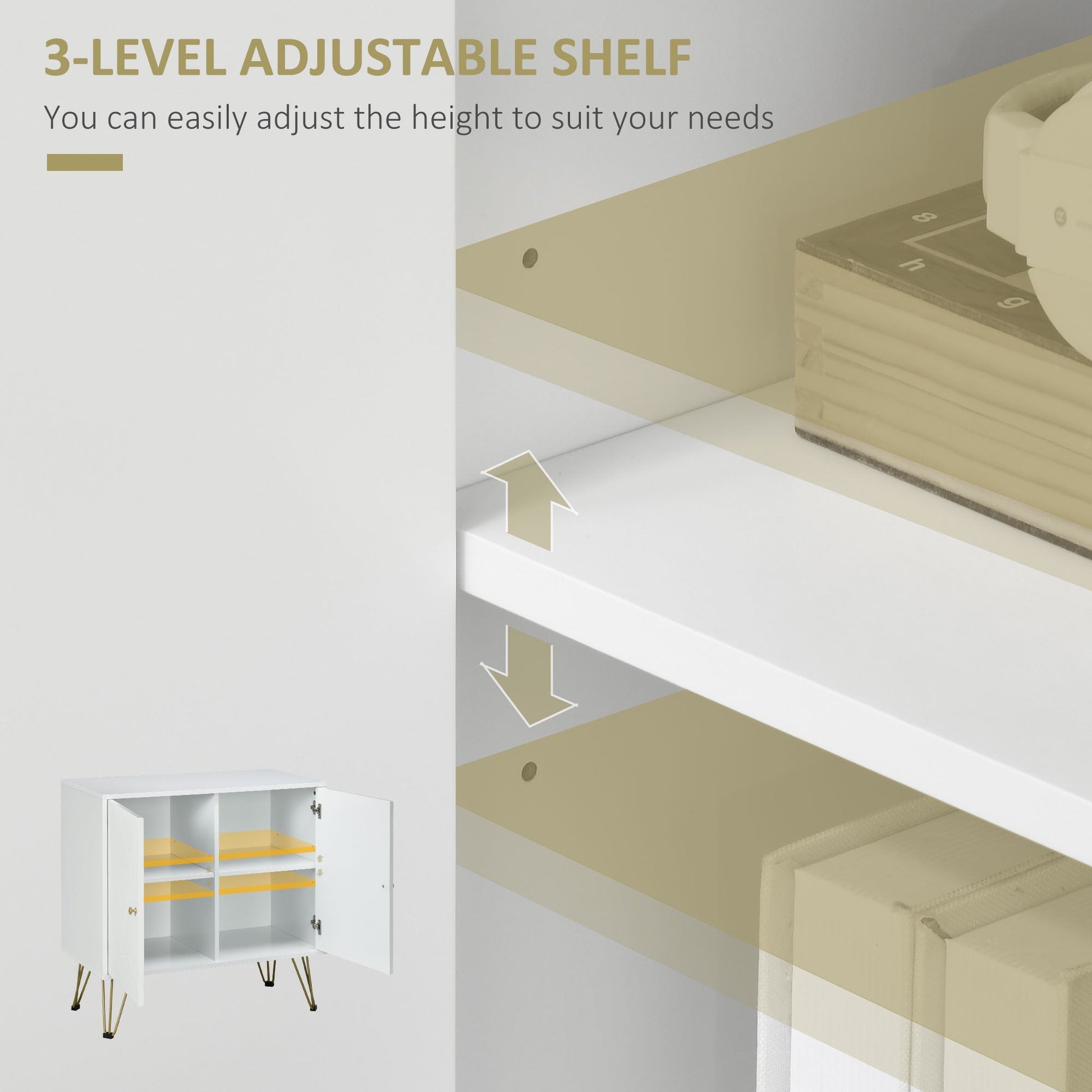 Freestanding Storage Cabinet with Doors, Cupboard Organization with Golden Hairpin Legs and Adjustable Shelves, White Storage Cabinets   at Gallery Canada