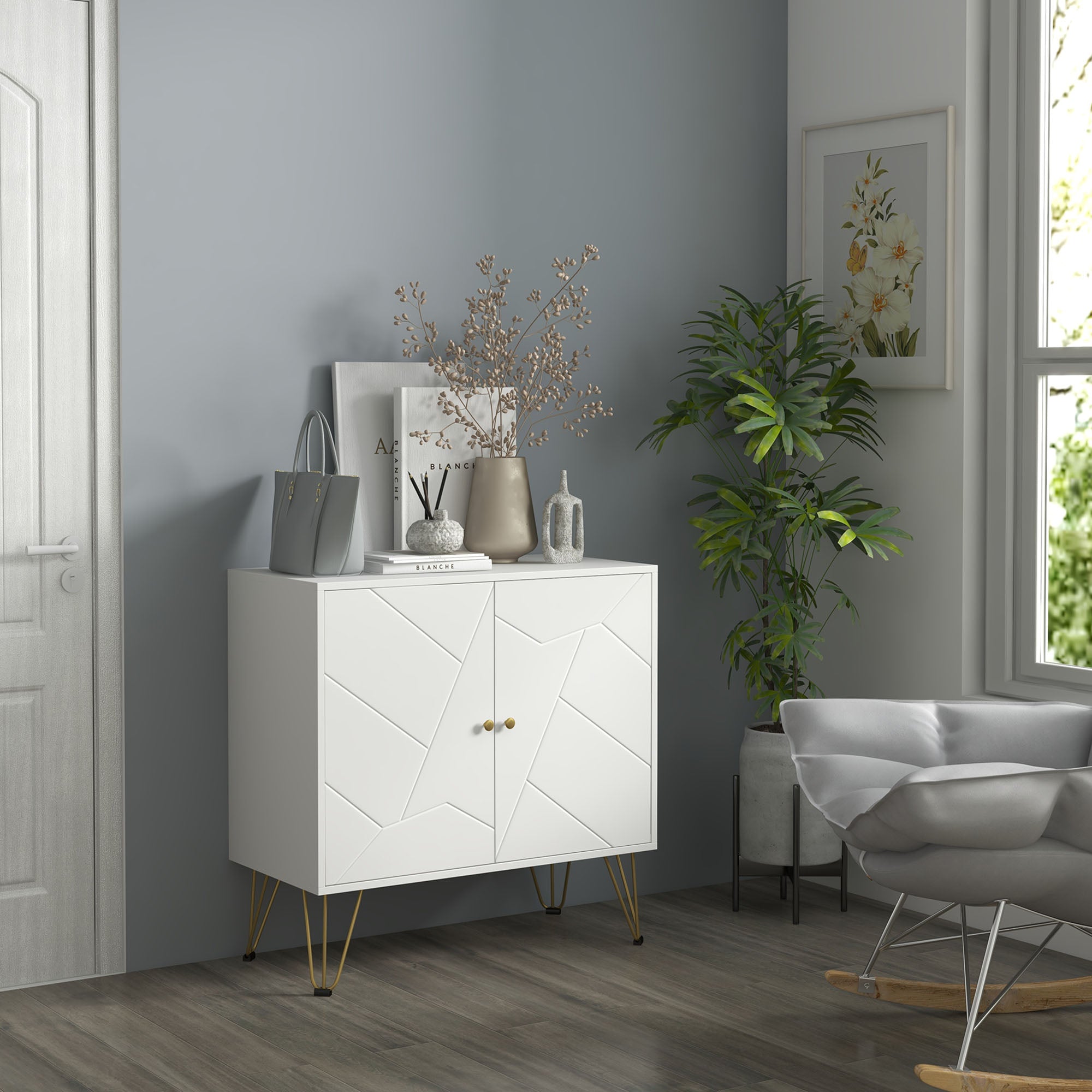 Freestanding Storage Cabinet with Doors, Cupboard Organization with Golden Hairpin Legs and Adjustable Shelves, White Storage Cabinets   at Gallery Canada