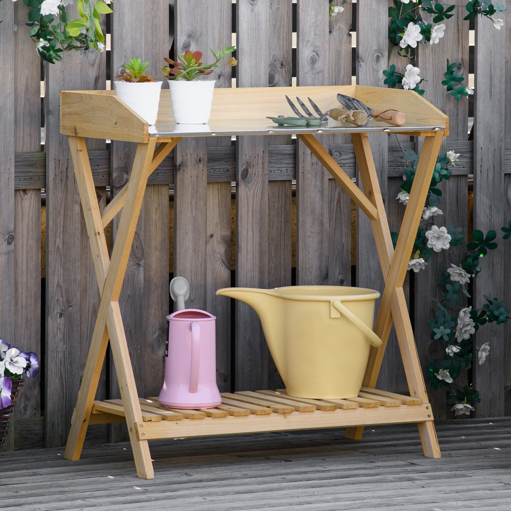 Garden Potting Bench Table, Wooden Work Station, Outdoor Planting Workbench w/ Galvanized Metal Tabletop and Storage Shelf Potting Benches & Tables at Gallery Canada