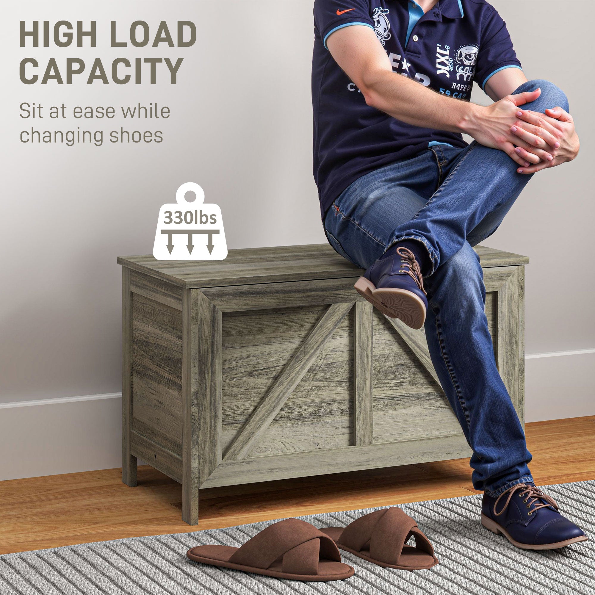 Storage Trunk Box Organizer with Farmhouse Panel, Safety Hinge to Open Up 100°, Grey Wood Grain Storage Cabinets at Gallery Canada