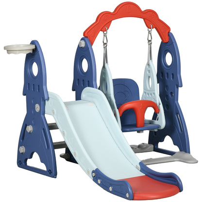 3 in 1 Kids Slide and Swing Set Indoor Playground w/ Basketball Hoop, Climber, Adjustable Swing, Dark Blue Gym Sets & Swings   at Gallery Canada