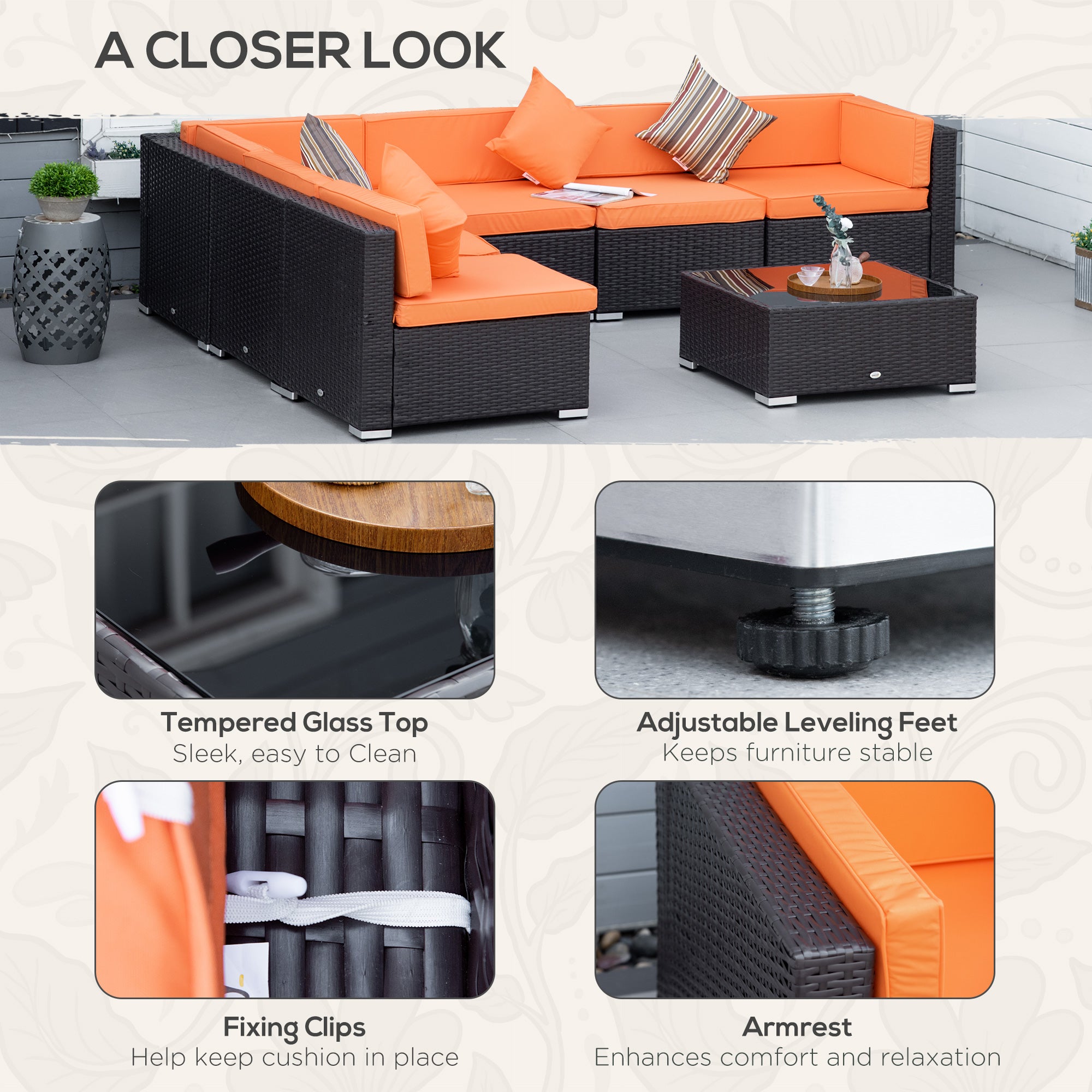 7pcs Garden Wicker Sectional Set w/ Tea Table Patio Rattan Lounge Sofa with Cushion for Outdoor Deck Orange Patio Furniture Sets at Gallery Canada
