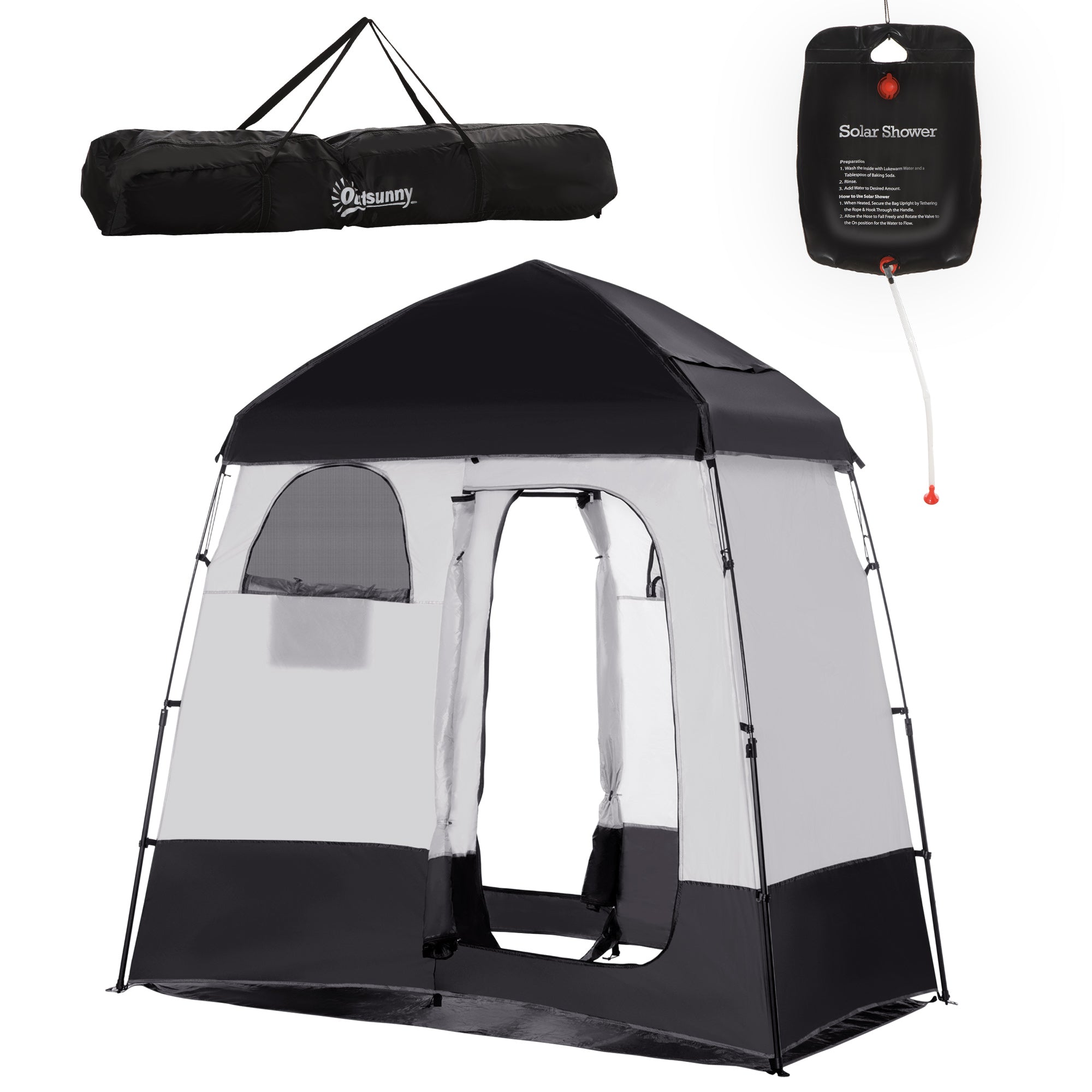 Outdoor Portable Pop Up Shower Tent Changing Tent Privacy Enclosure with 2 Rooms, Shower Bag, Floor for Camping, Black Camping Tents Light Grey, Black at Gallery Canada