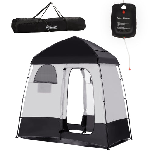 Outdoor Portable Pop Up Shower Tent Changing Tent Privacy Enclosure with 2 Rooms, Shower Bag, Floor for Camping, Black