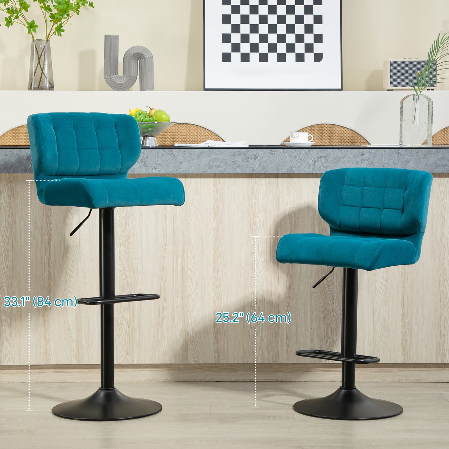 Swivel Tufted Velvet-feel Fabric Barstools Set of 2 Adjustable Bar Stools with Footrest for Counter Dining Room Blue Bar Stools   at Gallery Canada